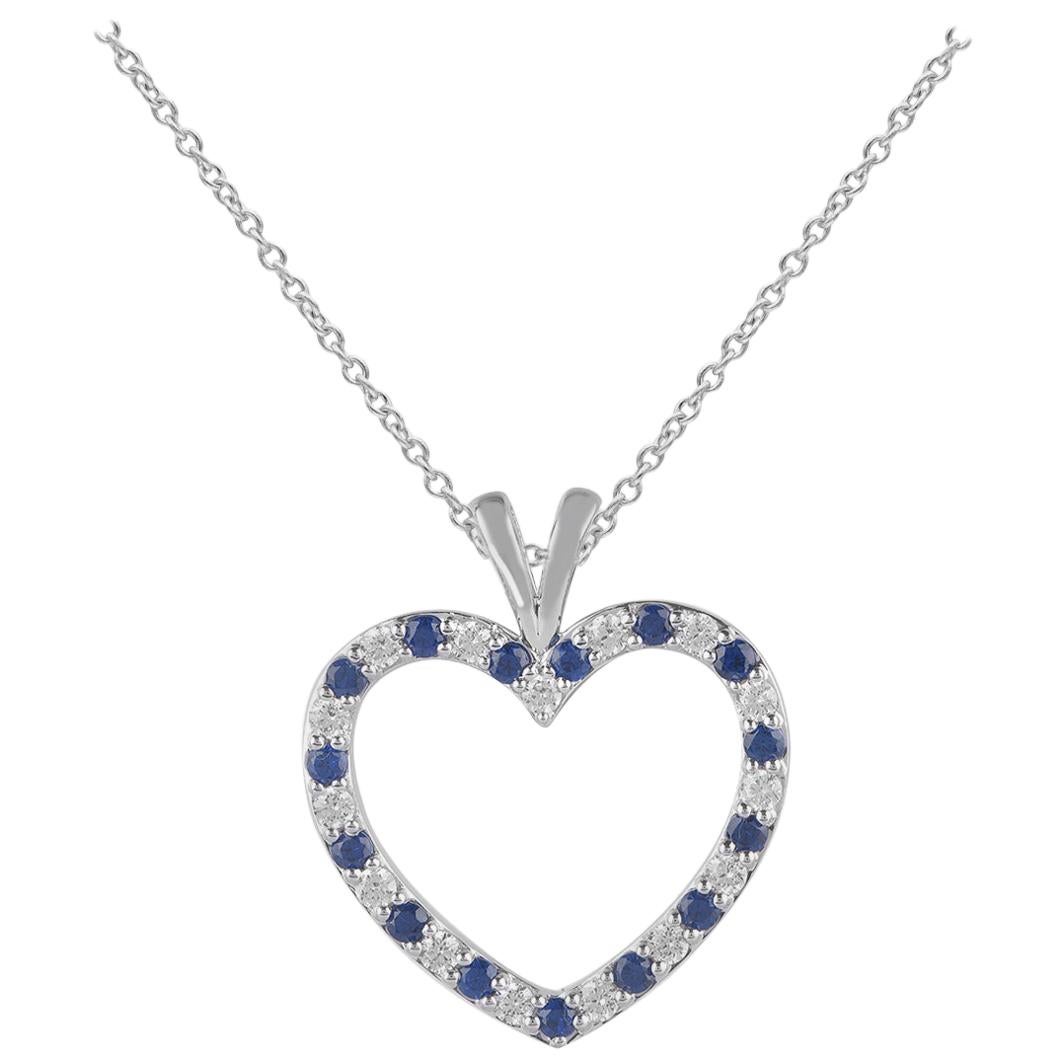 TJD 0.50 Carat Nat. Blue Sapphire and Round Diamond 14K White Gold Heart Pendant For Sale