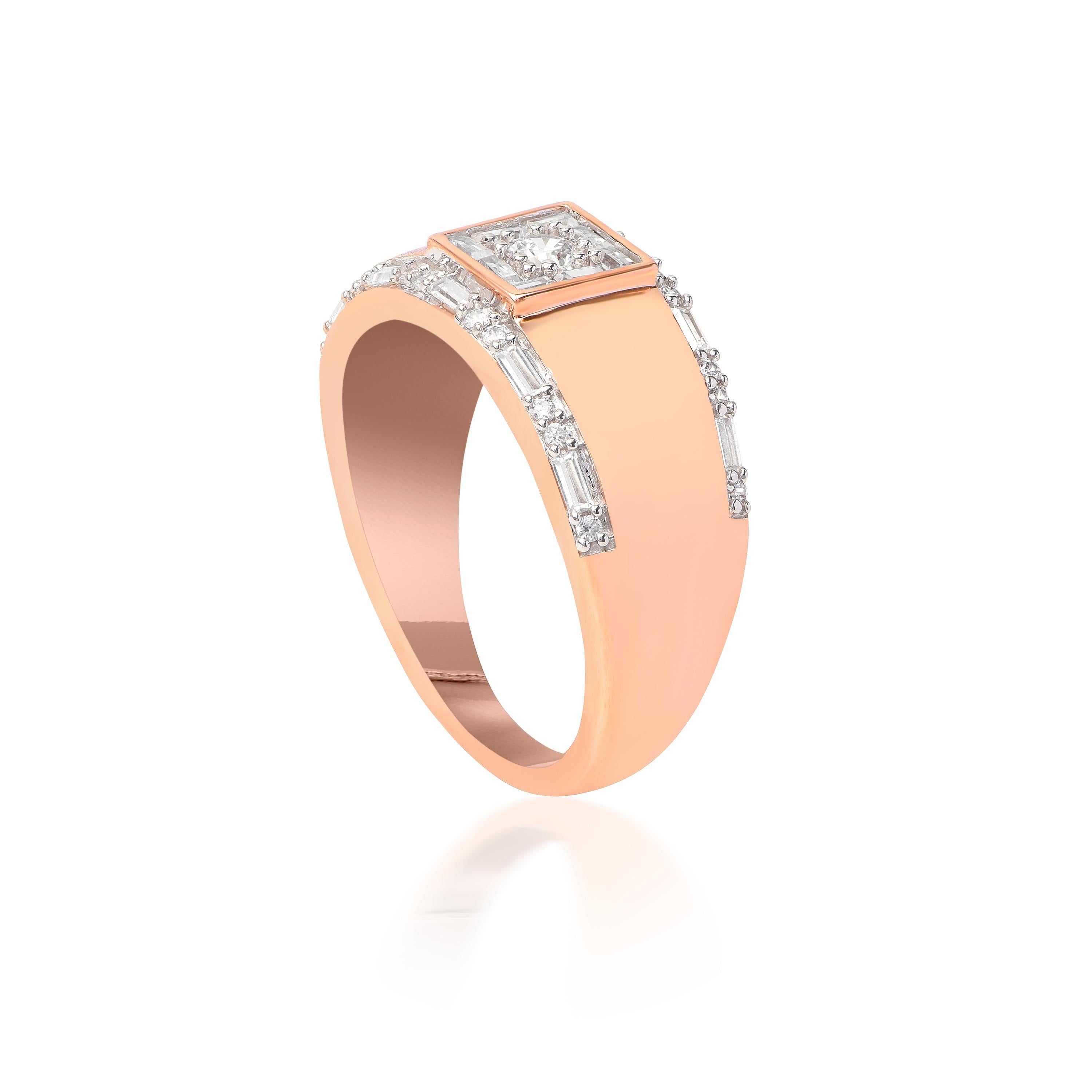 This dazzling ring is studded with 21 brilliant cut diamonds and 18 baguette diamonds in channel and prong setting and designed in 18-karat Rose Gold. H-I Color, I2 Clarity.
