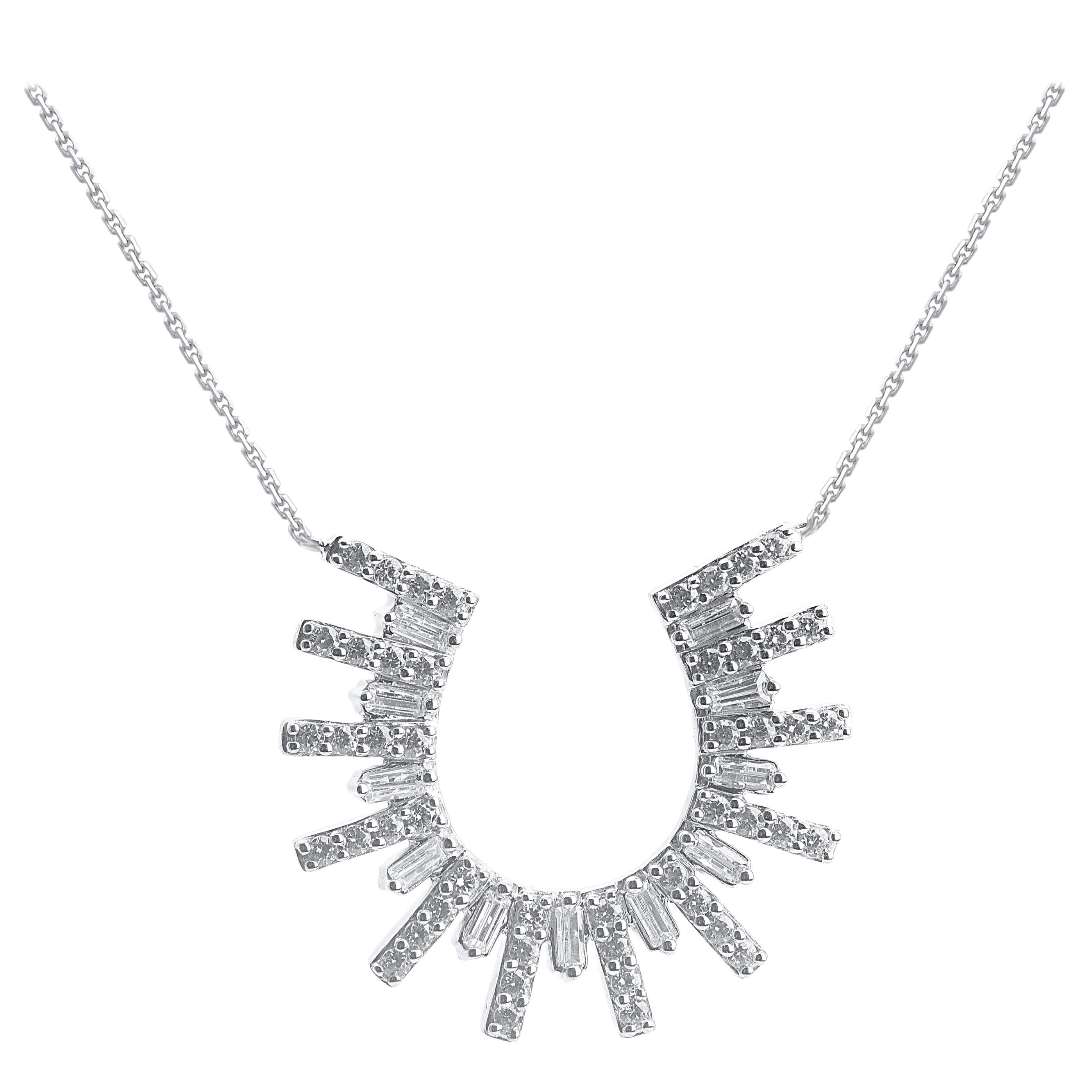 TJD 1/2Carat Round & Baguette Diamond 14K White Gold Designer Pendant with Chain For Sale