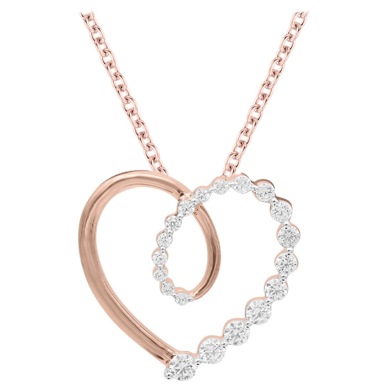 TJD 1/2Carat Round Diamond 14K Rose Gold Heart Shape Diamond Pendant with Chain