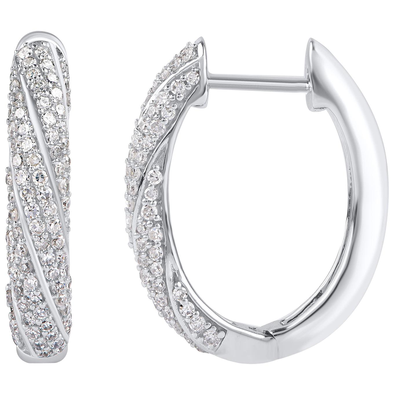 TJD 0.50 Carat Diamond 18 Karat White Gold Spiral Design Hoop Huggie Earrings For Sale