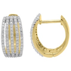 TJD 0.50 Carat Round Diamond 18 Karat Yellow Gold Multi-row Hoop Earrings