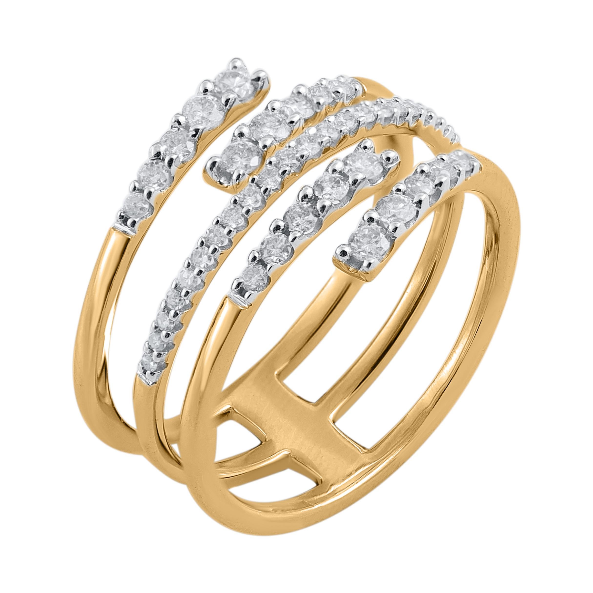 Bring charm to your look with this diamond band Ring. This ring is beautifully crafted in 14 Karat yellow gold and embedded with 51 brilliant cut & single cut round diamonds in prong setting. Total diamond weight is 0.50 carat. The diamonds are