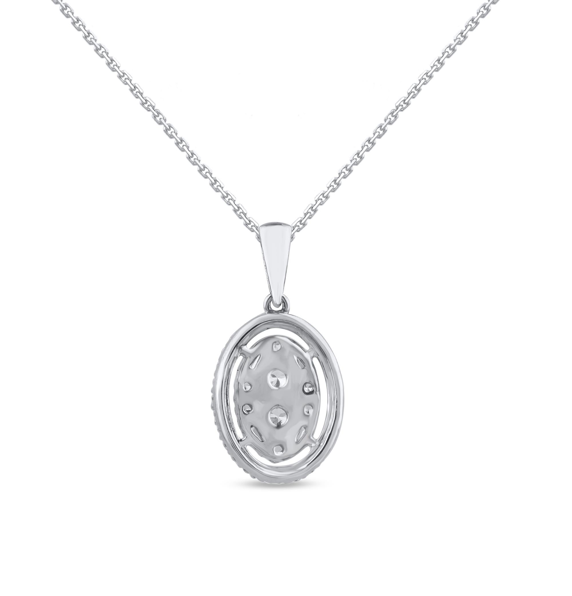 This beautiful oval pendant necklace is studded with 40 single cut, brilliant cut round diamonds and baguette cut natural diamonds in prong setting. The total diamond weight of these pendant is 0.50 carats. All the diamonds are H-I color, I-2