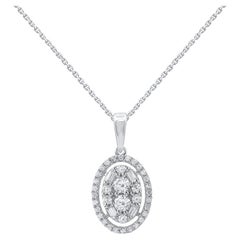 TJD 0.50 Carat Natural Diamond 14 Karat Gold Oval Frame Halo Pendant Necklace