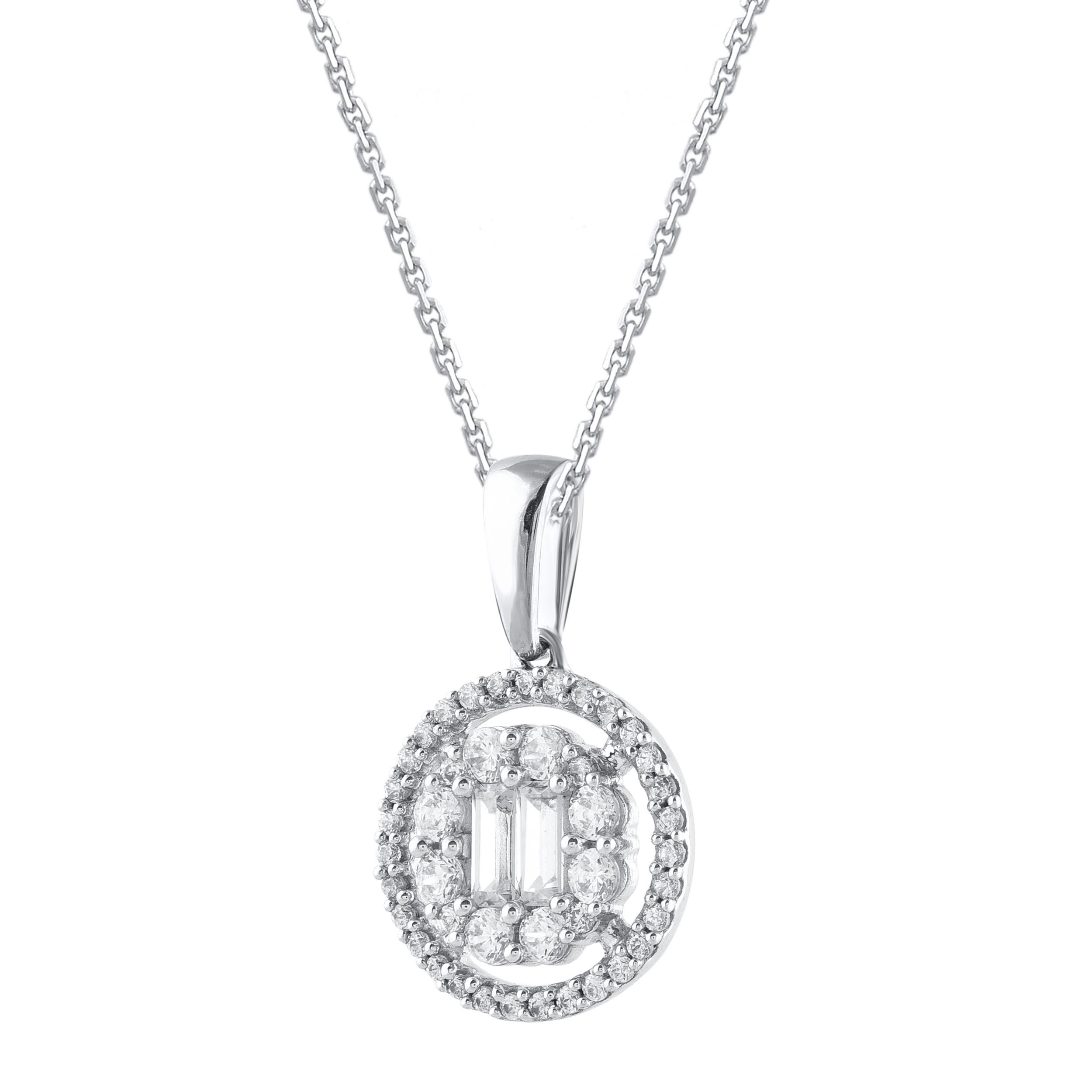This diamond circle pendant fits any occasion with ease. This beautiful diamond pendant necklace is studded with 45 round diamonds and baguette cut diamonds in prong setting. The total diamond weight of these pendant is 0.50 carats. All the diamonds