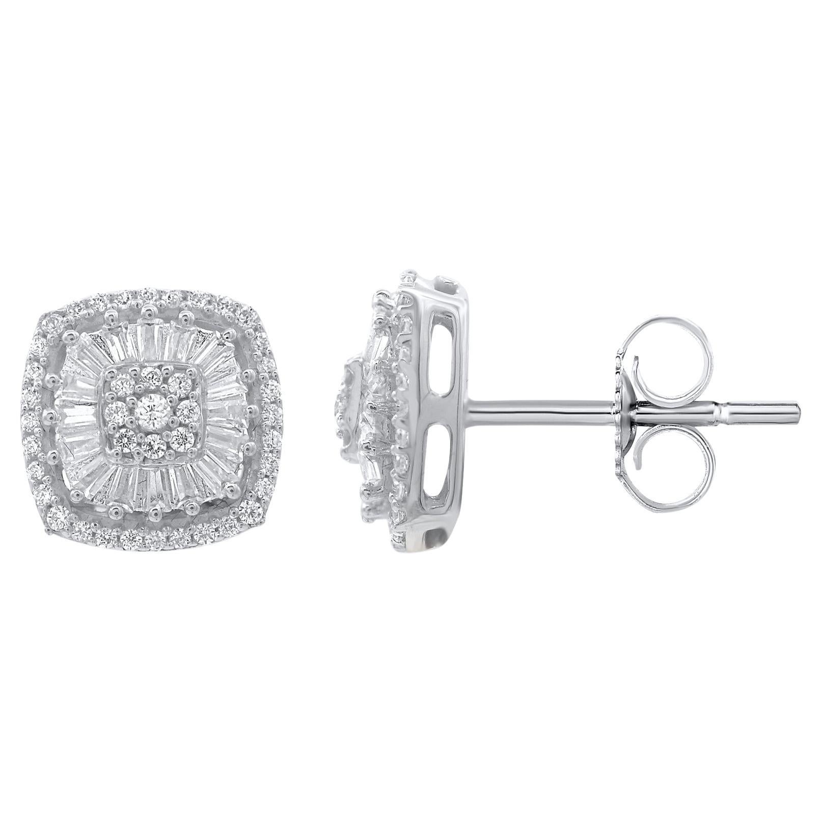 Timeless and elegant, these diamond stud earrings go from day to night with ease. This earring is beautifully designed and studded with 114 natural round diamond and baguette diamond set in prong & channel setting. The total diamond weight is 0.50