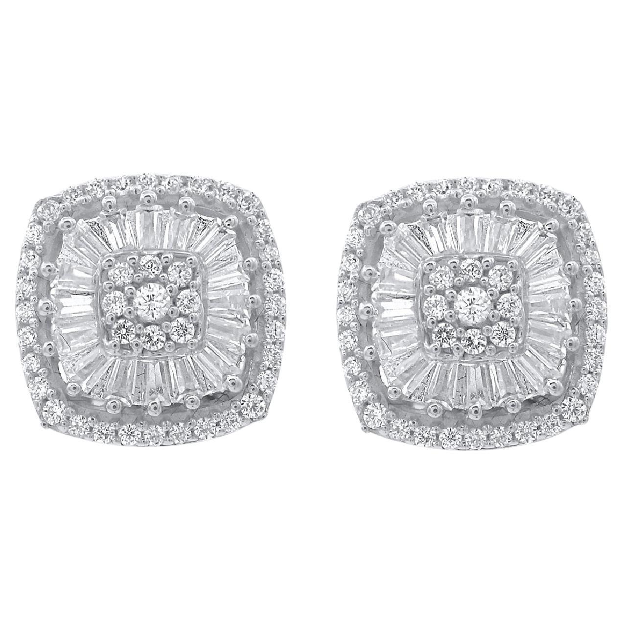Clous d'oreilles cadre coussin en or blanc 14 carats avec diamants naturels de 0,50 carat TJD