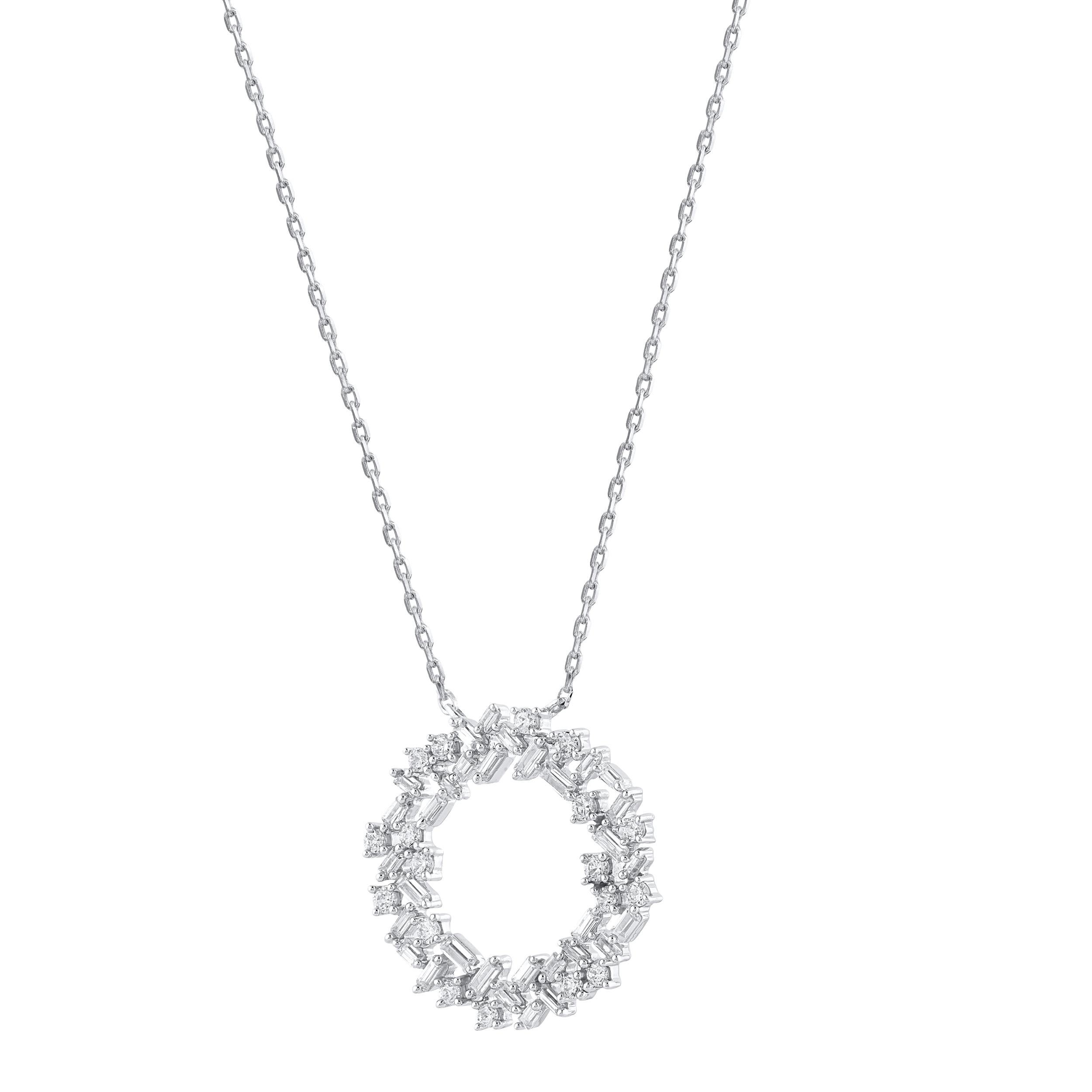 These beautiful eternity pendant is studded with 50 brilliant cut and baguette cut natural diamonds in prong setting. The total diamond weight of these diamond pendant is 0.50 carats. All the diamonds are H-I color, I-2 clarity. This white gold
