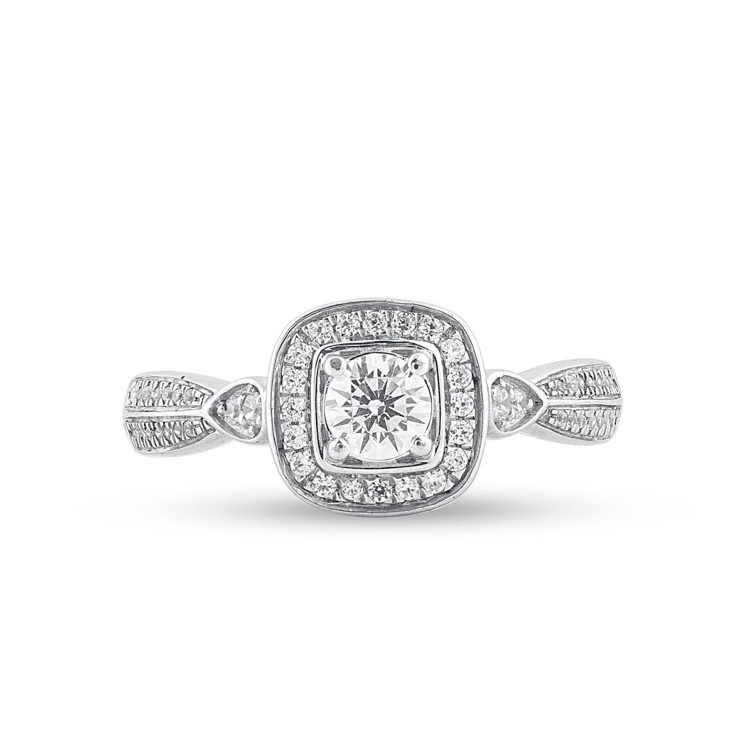 Express your love for her in the most classic way with this engagement ring. Beautifully crafted by our inhouse experts in 14 karat white gold and embellished with 53 brilliant cut and single cut round diamond set in prong and pave setting. Total