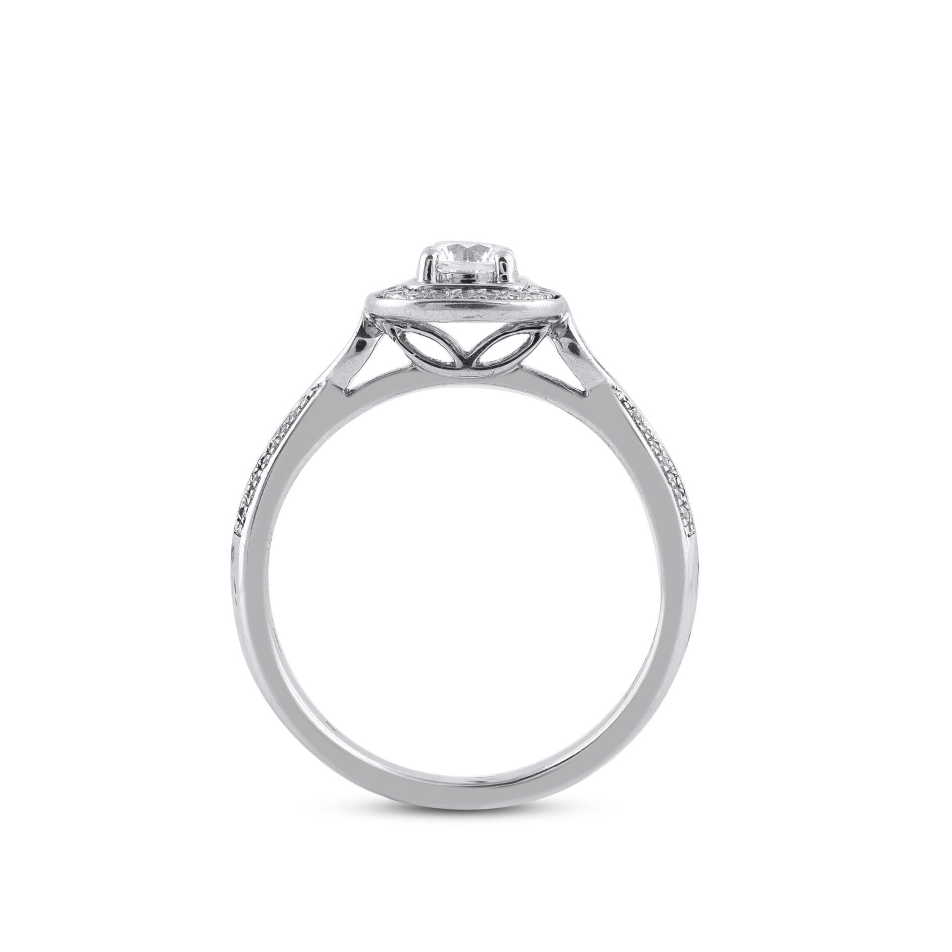 TJD 0.50 Carat Natural Diamond 14 Karat White Gold Halo Engagement Ring In New Condition For Sale In New York, NY