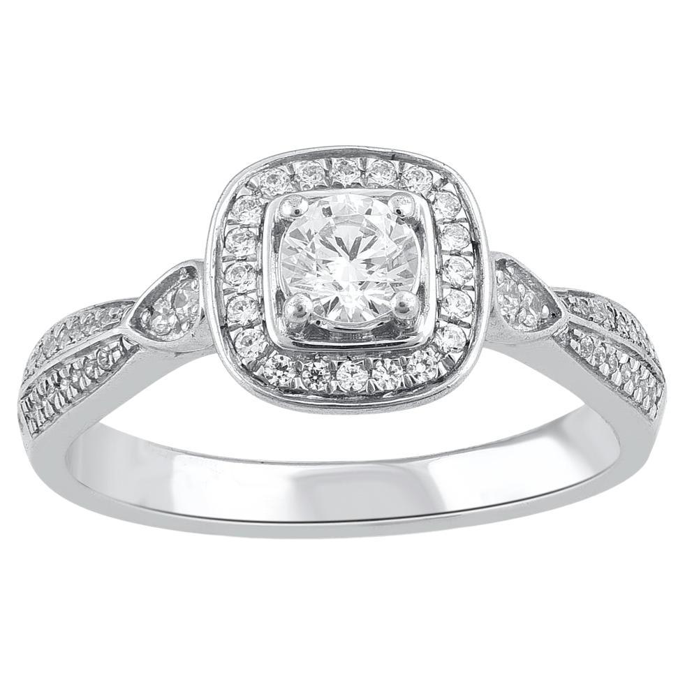 TJD 0.50 Carat Natural Diamond 14 Karat White Gold Halo Engagement Ring