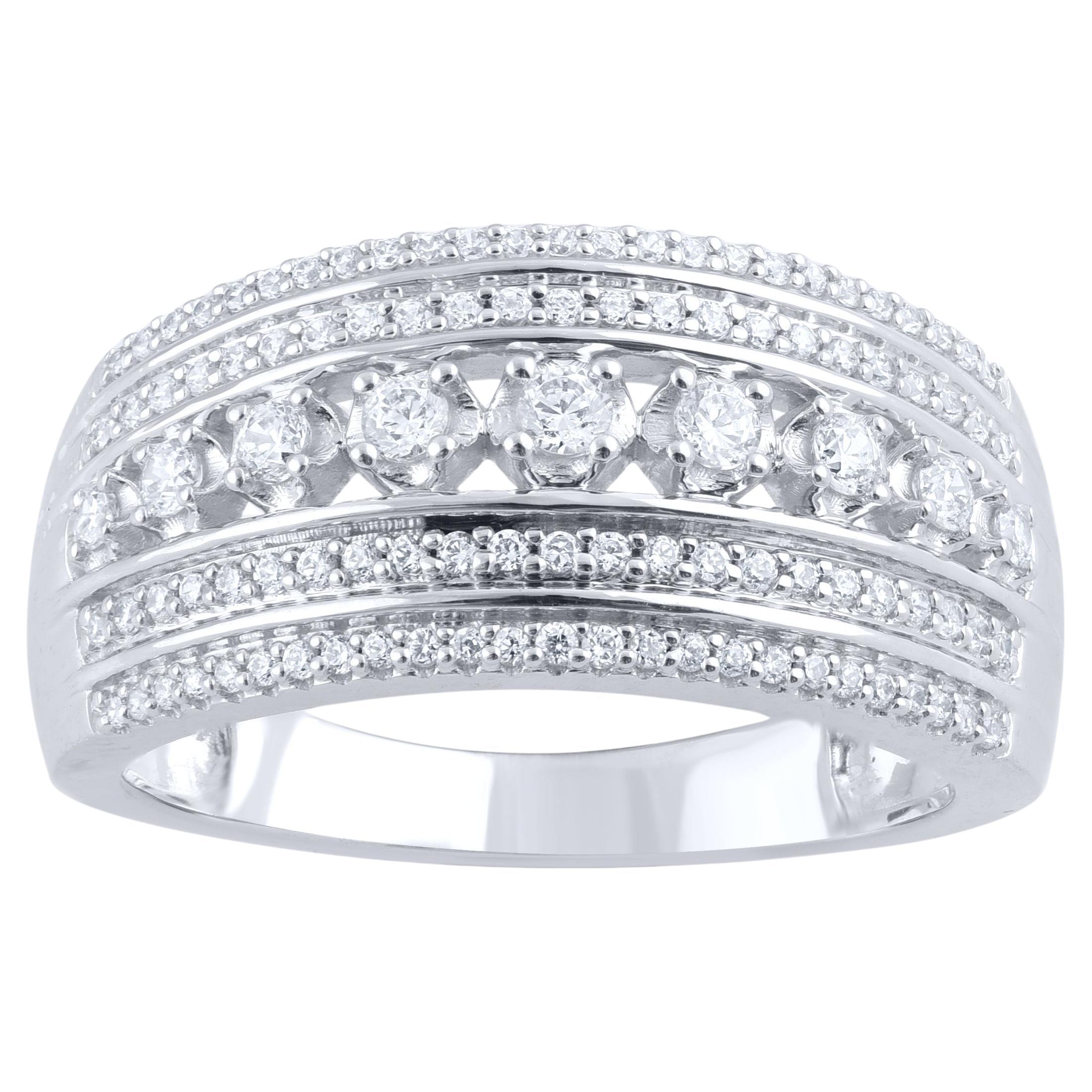 TJD 0.50 Carat Natural Diamond 14 Karat White Gold Multi Row Wedding Band Ring