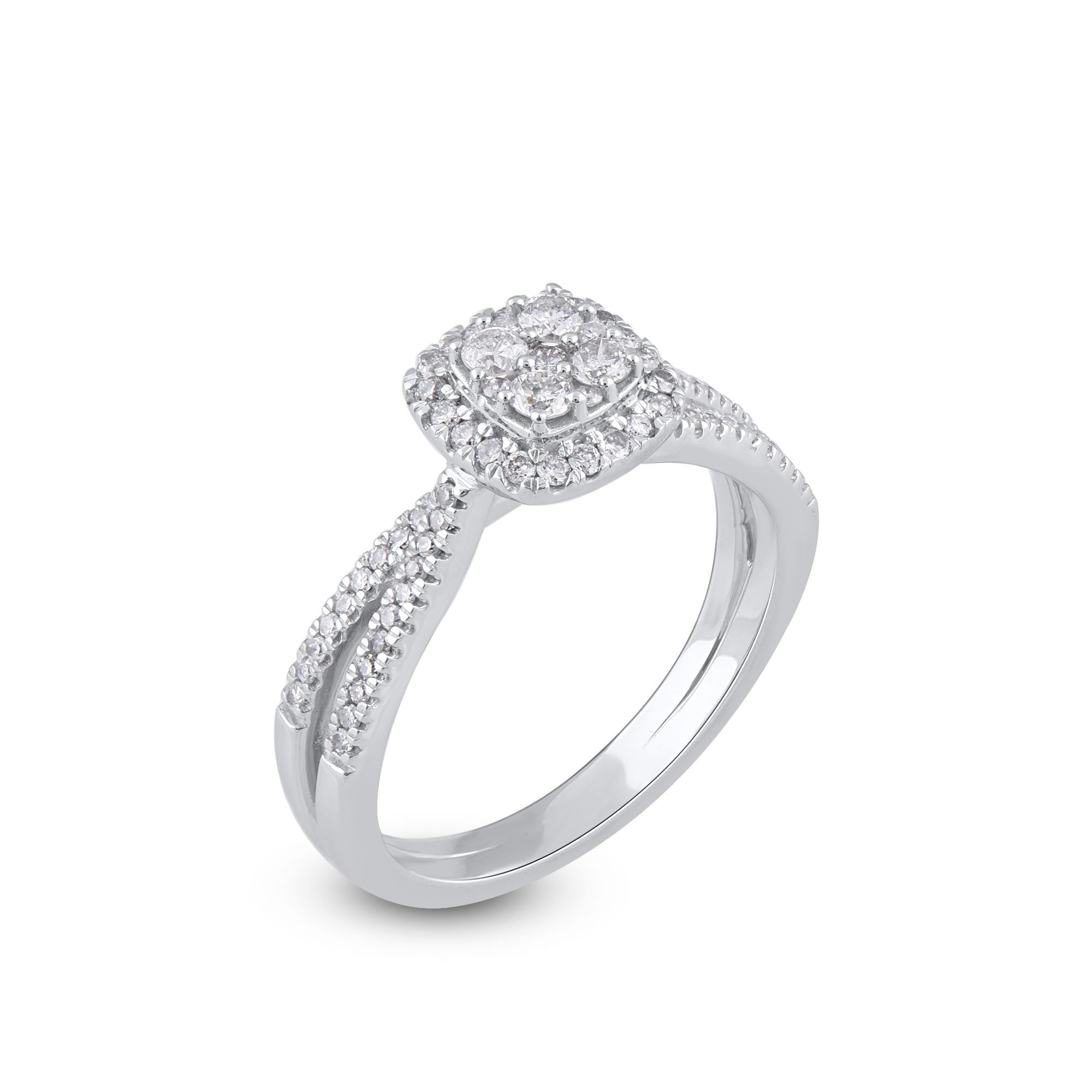 Express your love for her in the most classic way with this diamond ring. Crafted in 14 Karat white gold. This wedding ring features a sparkling 75 single cut and brilliant cut round diamond beautifully set in prong & pressure setting. The total