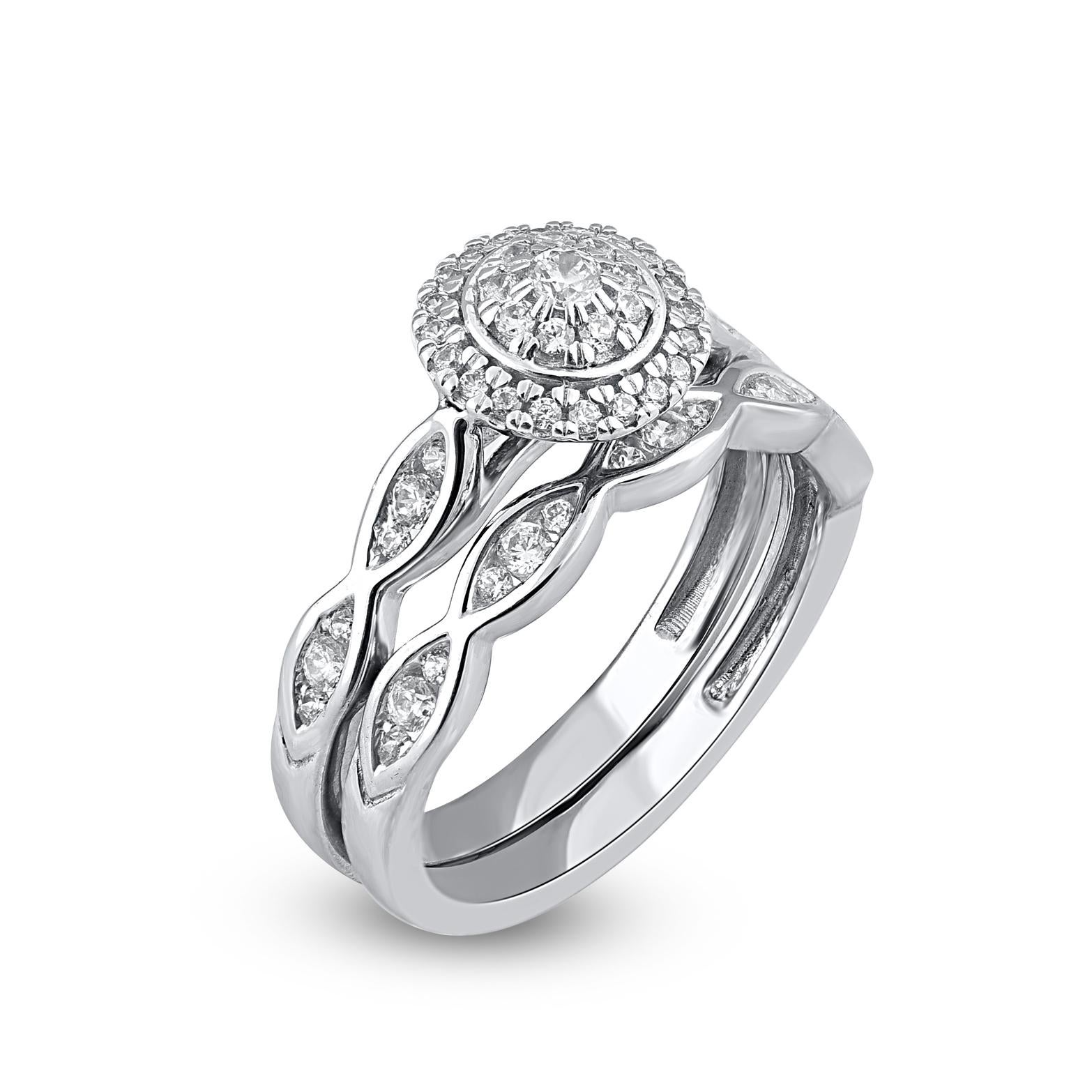 On that special day, express all your love with this elegant and dazzling diamond bridal set. Crafted in 14 Karat white gold. This wedding ring features a sparkling 57 brilliant cut and single cut round diamond beautifully set in prong and channel
