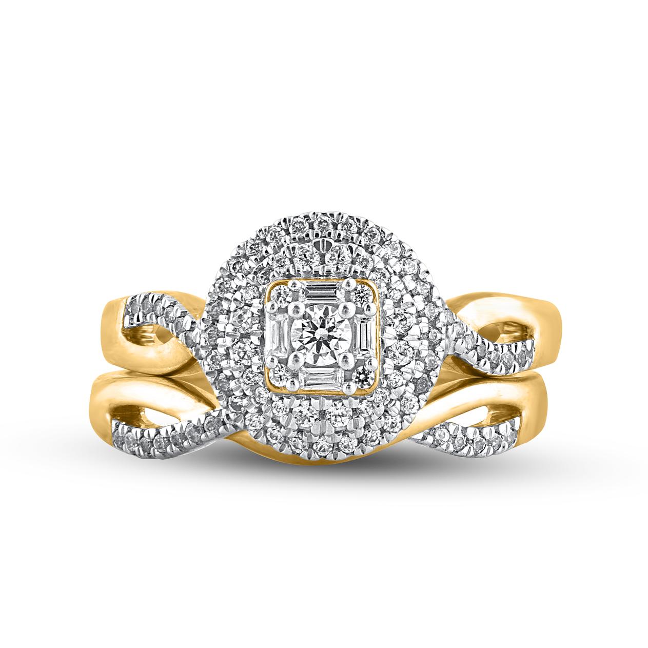Express your love for her in the most classic way with this halo ring. This ring is expertly crafted in 14 Karat yellow gold and features of this ring 92 brilliant cut, single cut and baguette cut diamond set in prong setting. Total diamond weight
