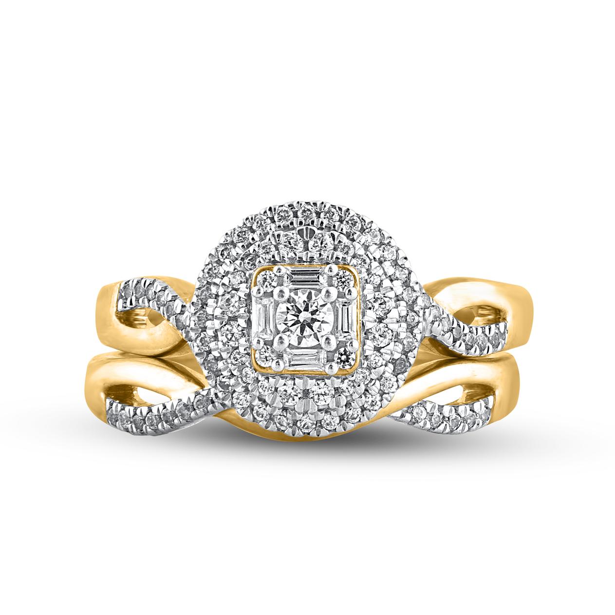 Exprimez votre amour pour elle de la manière la plus classique qui soit avec cette bague en forme de halo. Cette bague est réalisée en or jaune 14 carats et présente 92 diamants de taille brillant, taille unique et taille baguette en serti clos. Le