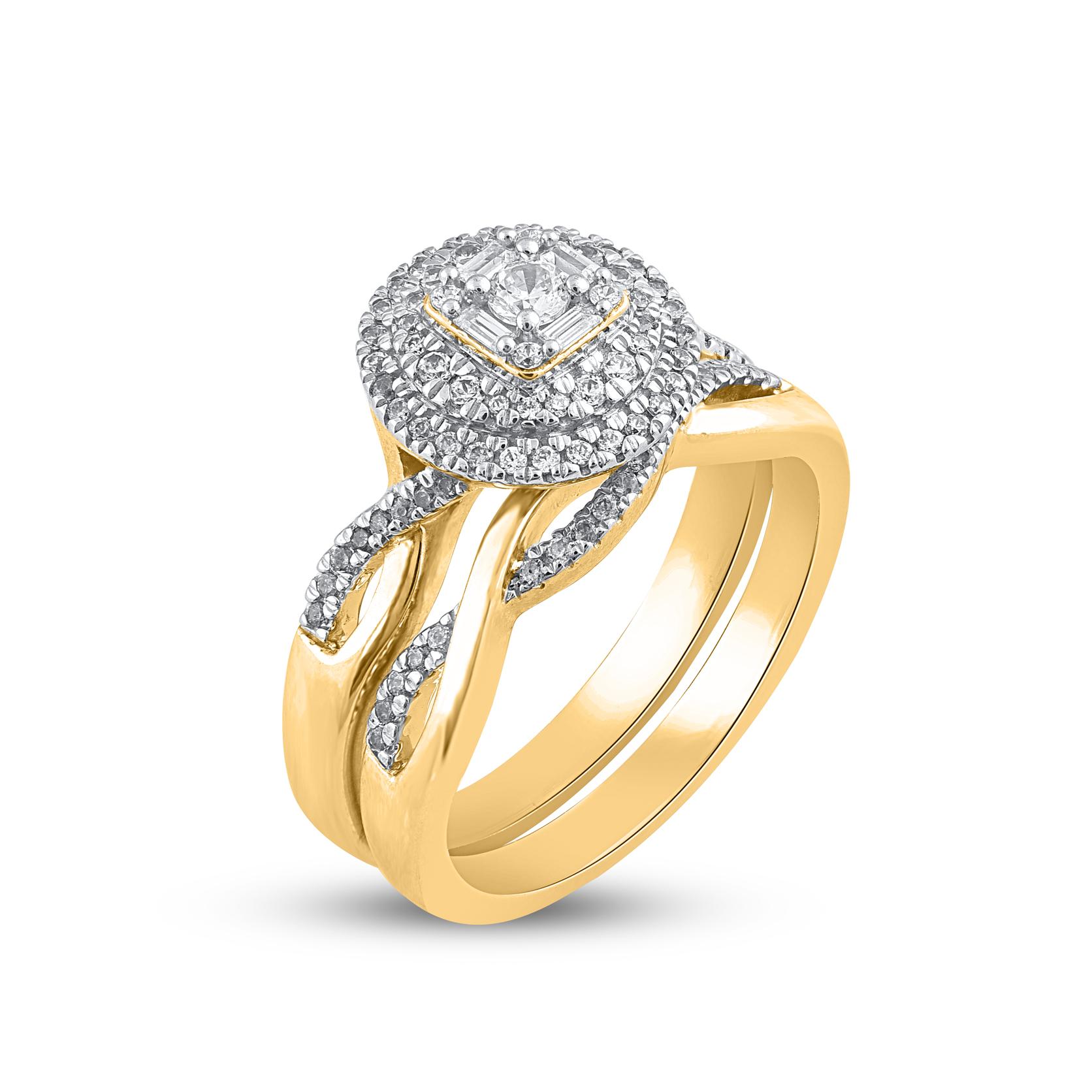 Contemporary TJD 0.50 Carat Natural Diamond 14 Karat Yellow Gold Double Halo Wedding Ring For Sale