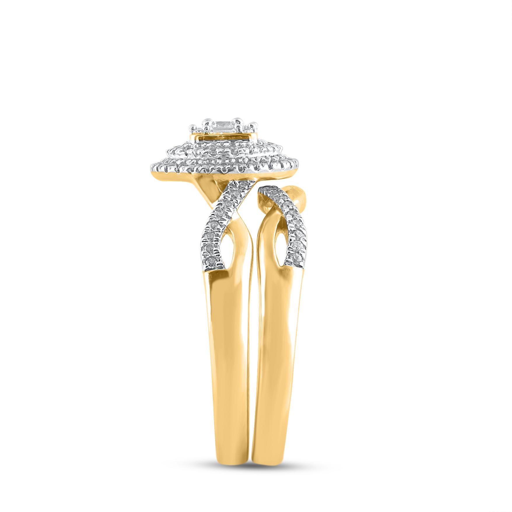 Mixed Cut TJD 0.50 Carat Natural Diamond 14 Karat Yellow Gold Double Halo Wedding Ring For Sale