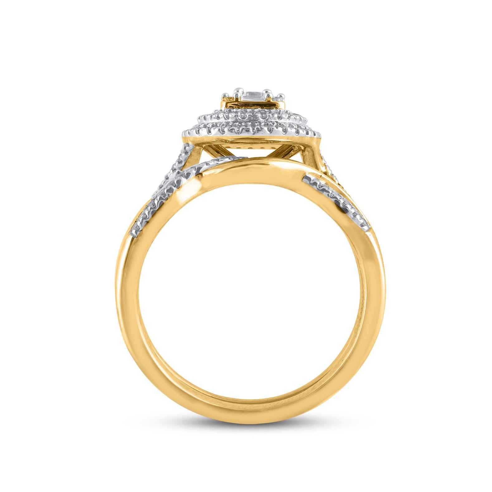 TJD 0.50 Carat Natural Diamond 14 Karat Yellow Gold Double Halo Wedding Ring In New Condition For Sale In New York, NY