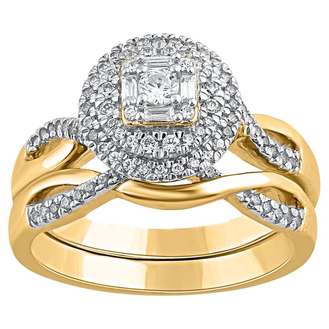 TJD 0.50 Carat Natural Diamond 14 Karat Yellow Gold Double Halo Wedding Ring For Sale