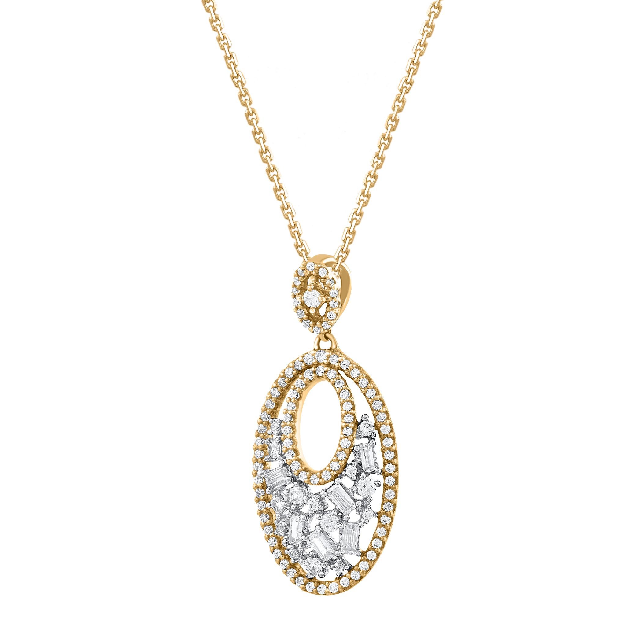 This diamond drop pendant fits any occasion with ease. This beautiful diamond pendant necklace is studded with 103 round diamonds and baguette diamonds in prong setting. The total diamond weight of these pendant is 0.50 carats. All the diamonds are