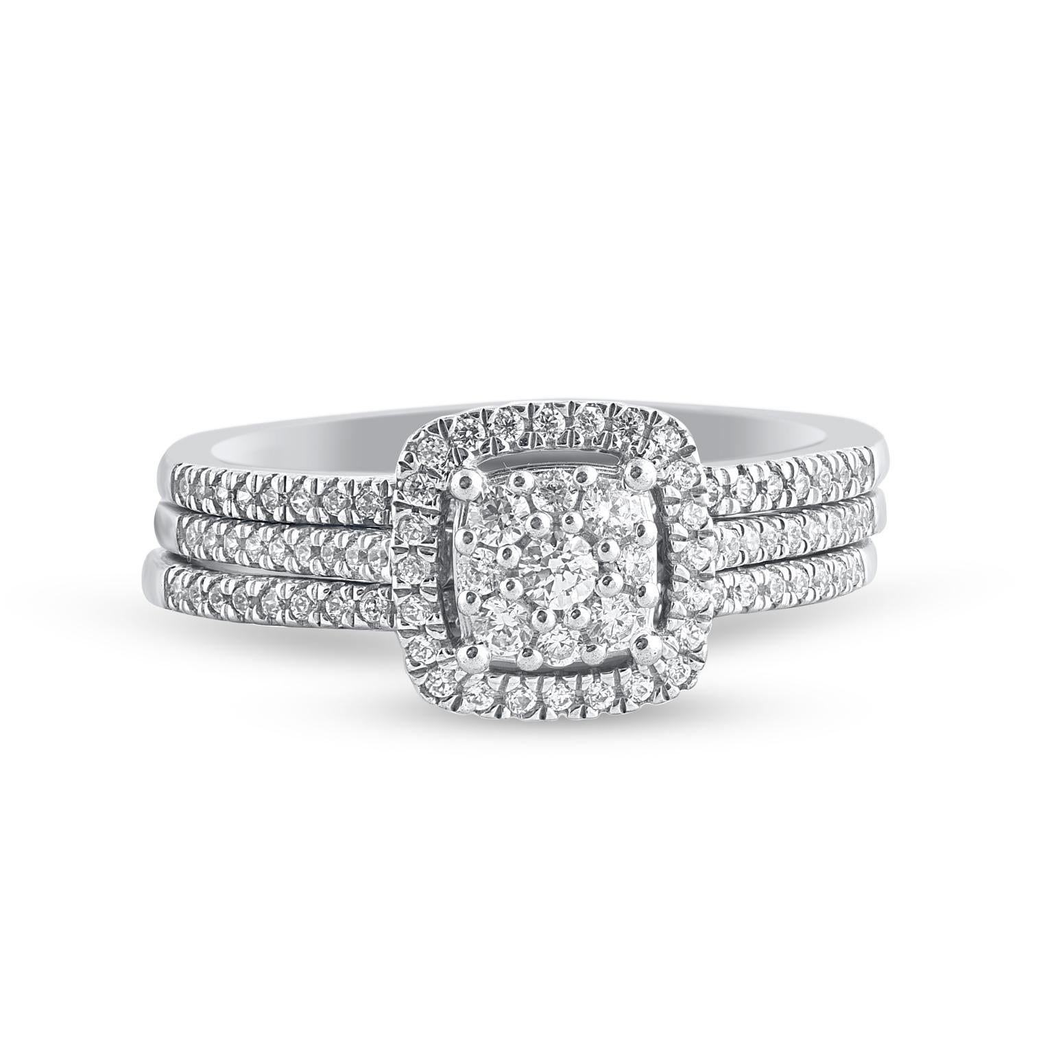 On that special day, express all your love with this elegant and dazzling diamond bridal set. Crafted in 14 Karat white gold. This wedding ring features a sparkling 97 brilliant cut, single cut round diamond beautifully set in prong setting. The