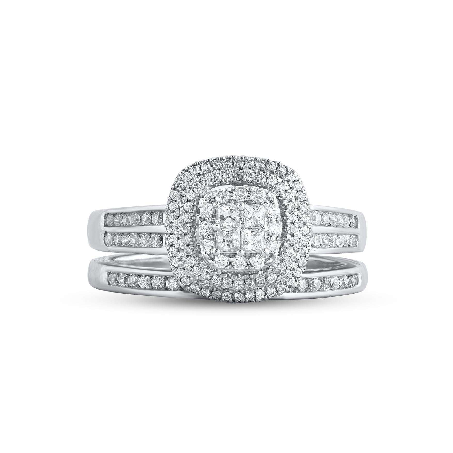 On that special day, express all your love with this elegant and dazzling diamond bridal set. Crafted in 14 Karat white gold. This wedding ring features a sparkling 131 brilliant cut, single cut round diamond and princess cut diamonds beautifully