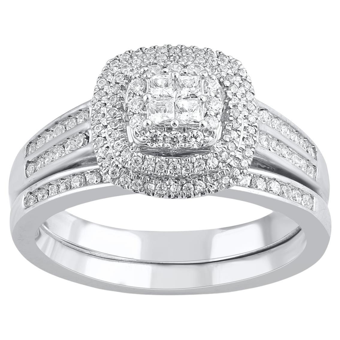 TJD Juego de novia con diamante natural de 0,50 quilates y montura en forma de cojín de oro blanco de 14 quilates