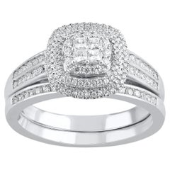 TJD Juego de novia con diamante natural de 0,50 quilates y montura en forma de cojín de oro blanco de 14 quilates