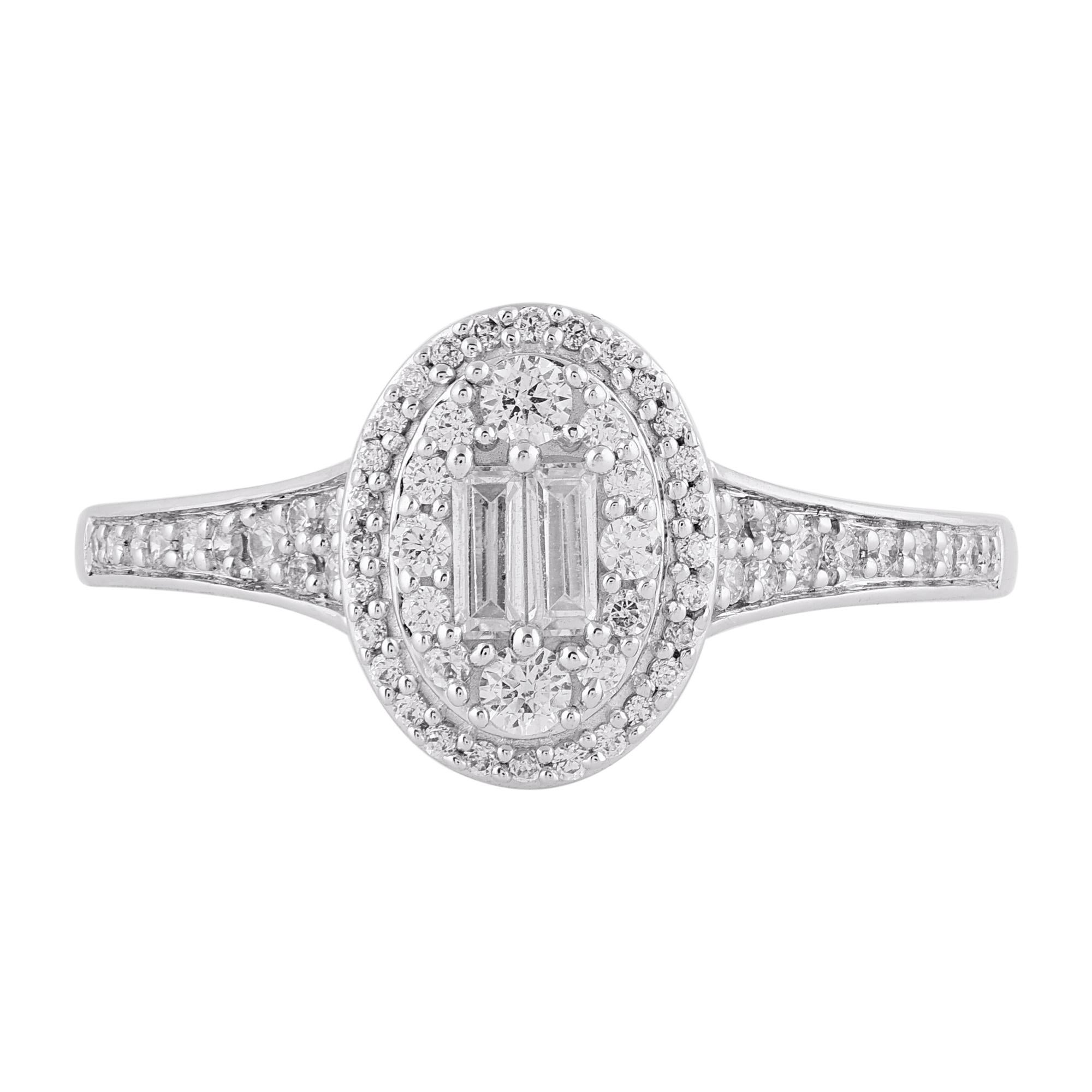 Express your love for her in the most classic way with this halo engagement ring. Beautifully crafted by our inhouse experts in 14 karat white gold and embellished with 64 brilliant cut, single cut & baguette cut diamond set in prong and pave