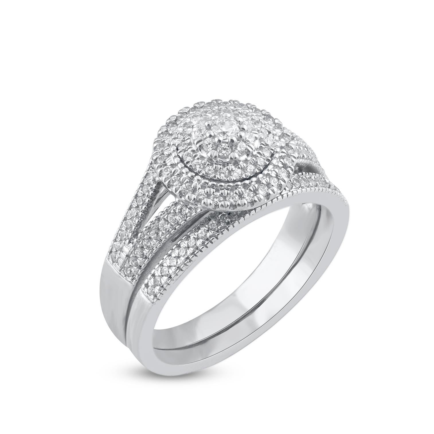 Express your love for her in the most classic way with this diamond ring set. Crafted in 14 Karat white gold. This wedding ring features a sparkling 109 brilliant cut and single cut round diamond beautifully set in prong & pave setting. The total
