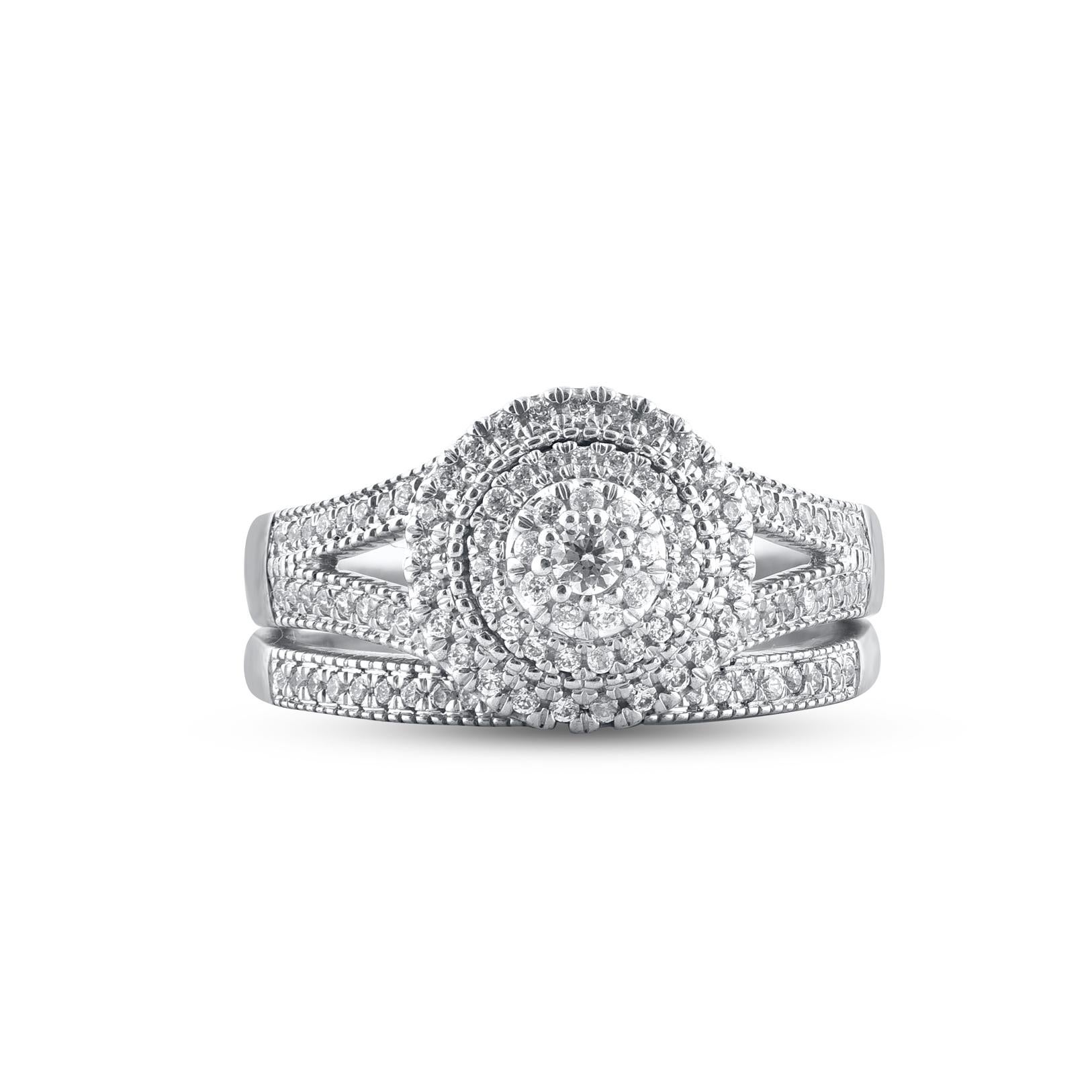Contemporary TJD 0.50 Carat Natural Diamond 14KT White Gold Vintage Style Bridal Ring Set For Sale