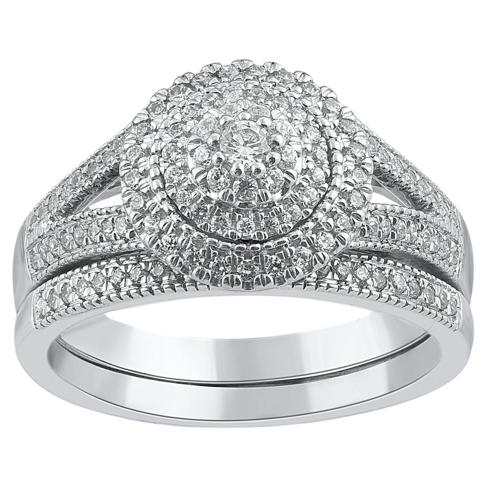 TJD 0.50 Carat Natural Diamond 14KT White Gold Vintage Style Bridal Ring Set