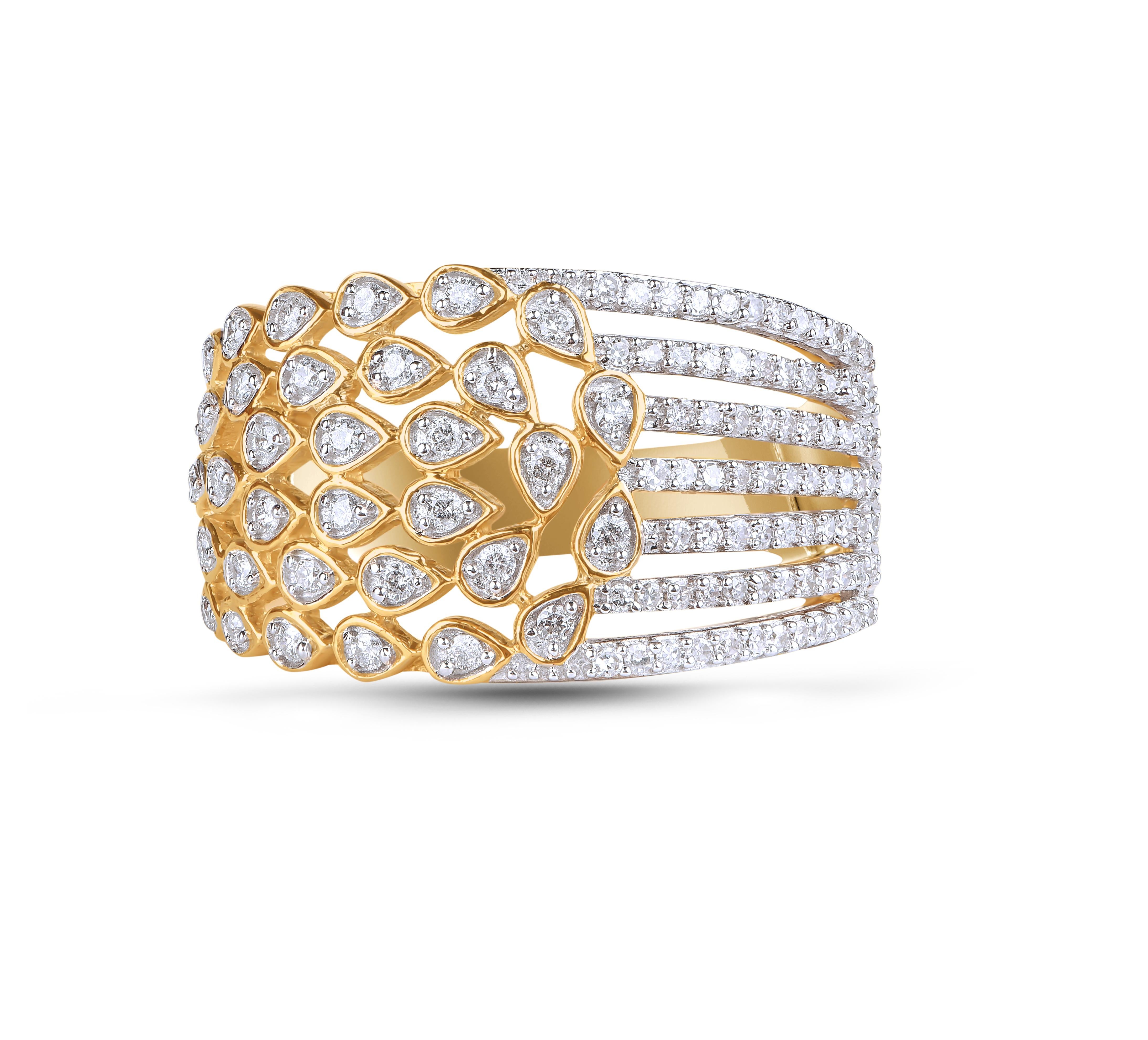 Bring charm to your look with this diamond ring. The ring is crafted from 14-karat gold in your choice of white, rose, or yellow, and features 112 round single cut and brilliant cut diamond set in prong and pave setting, shine in H-I color I2
