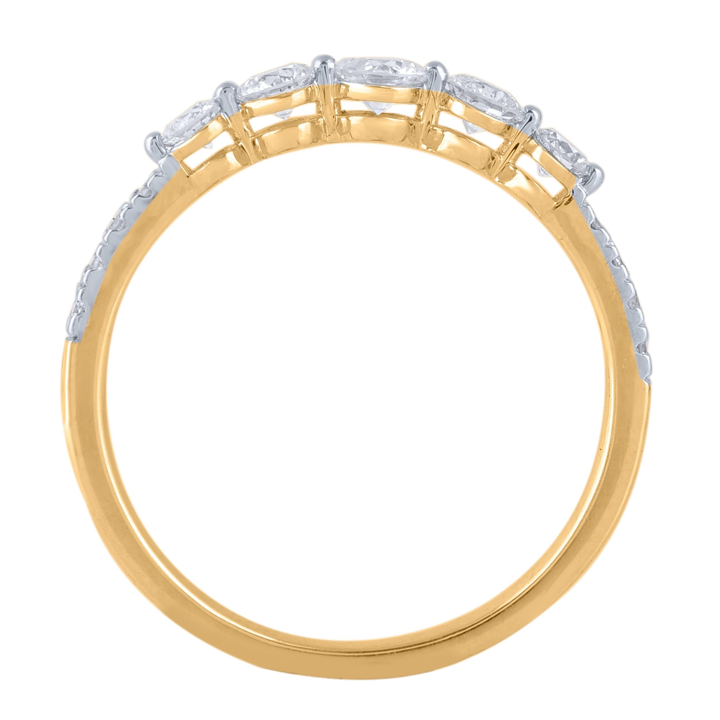 Make your most special and precious day shine with this wedding band ring. Beautifully crafted by our inhouse experts in 14 karat yellow gold and embellished with 13 brilliant cut round diamond set in prong setting. Total diamond weight is 0.50