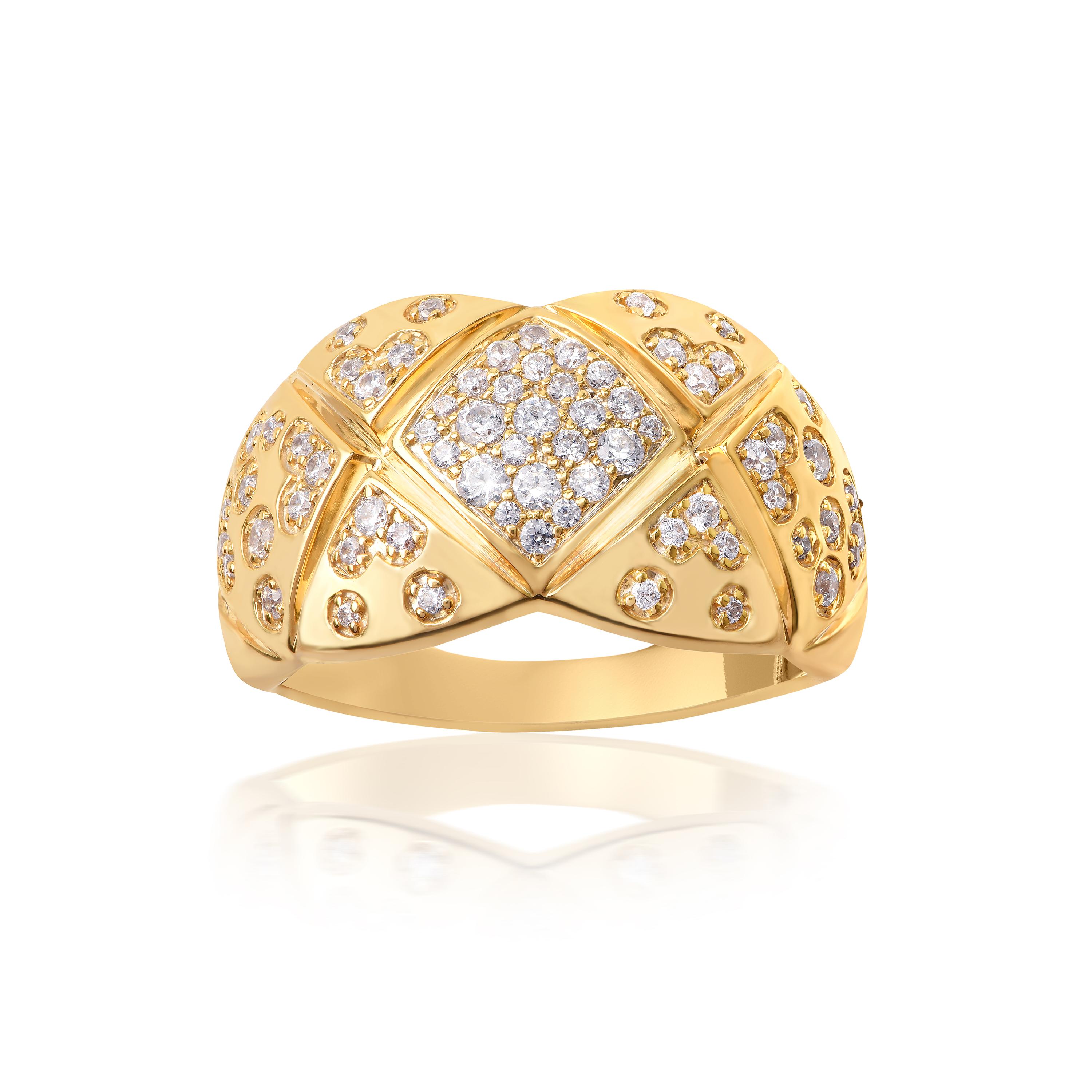The beautiful diamond band dazzles with 67 brilliant cut diamonds elegantly set in micro-prong setting and crafted beautifully in 18 yellow gold. The diamonds are graded H-I Color, I2 Clarity.