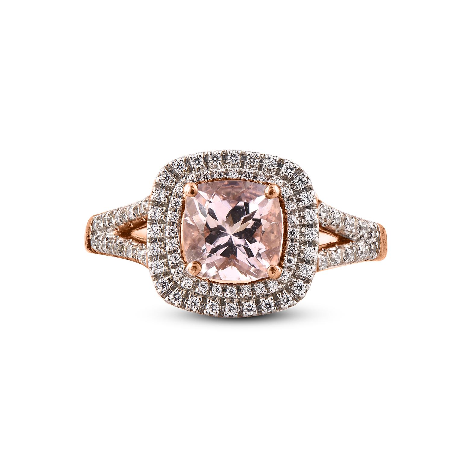 Art Deco TJD 0.50 Carat Natural Diamond and Cushion Cut Morganite 14Karat Rose Gold Ring For Sale