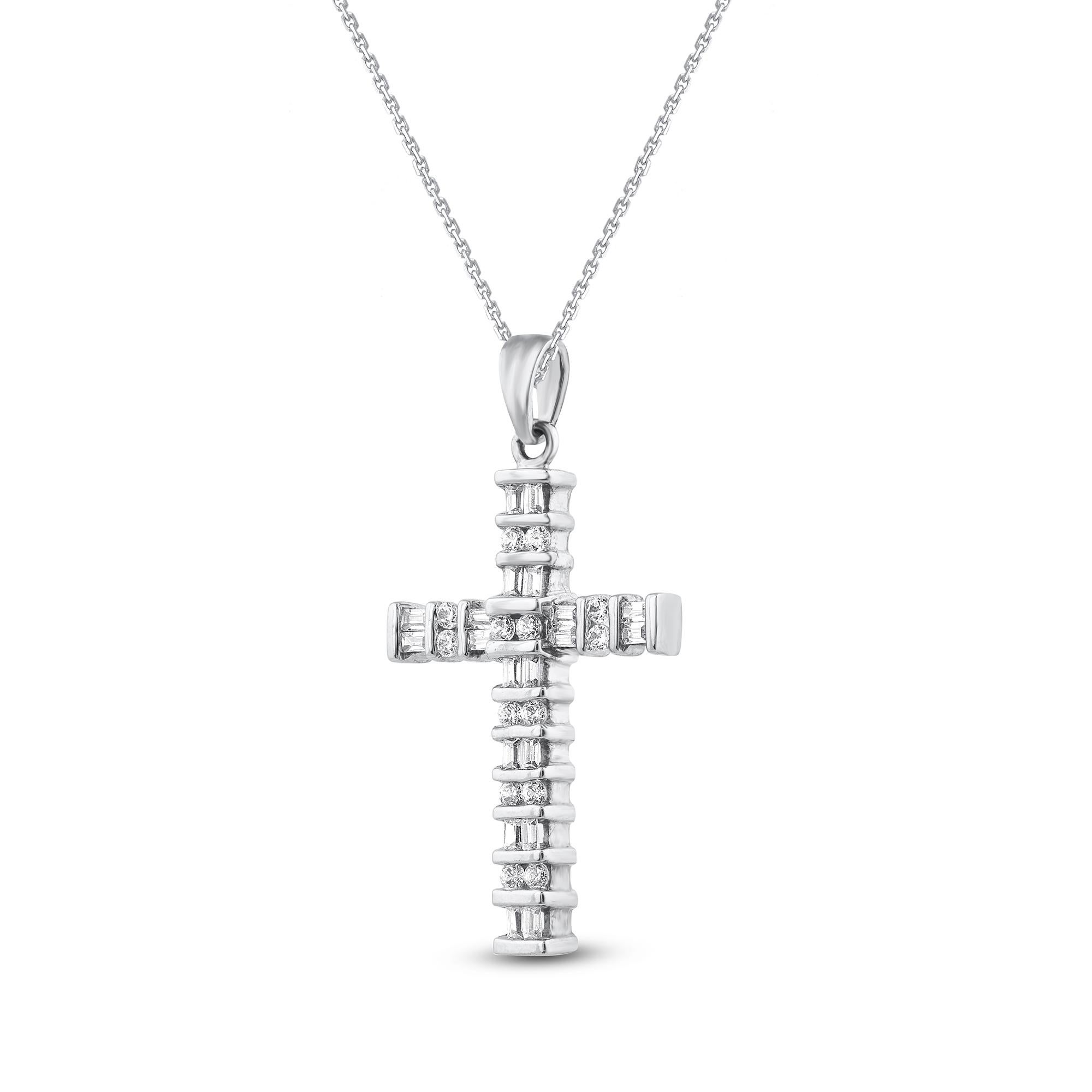 Make a bold statement of style and beliefs with the eye-catching elegance of this diamond cross pendant.  Beautifully crafted by our inhouse experts in 14 karat white gold and embellished with 44 round brilliant cut & baguette cut diamond set in