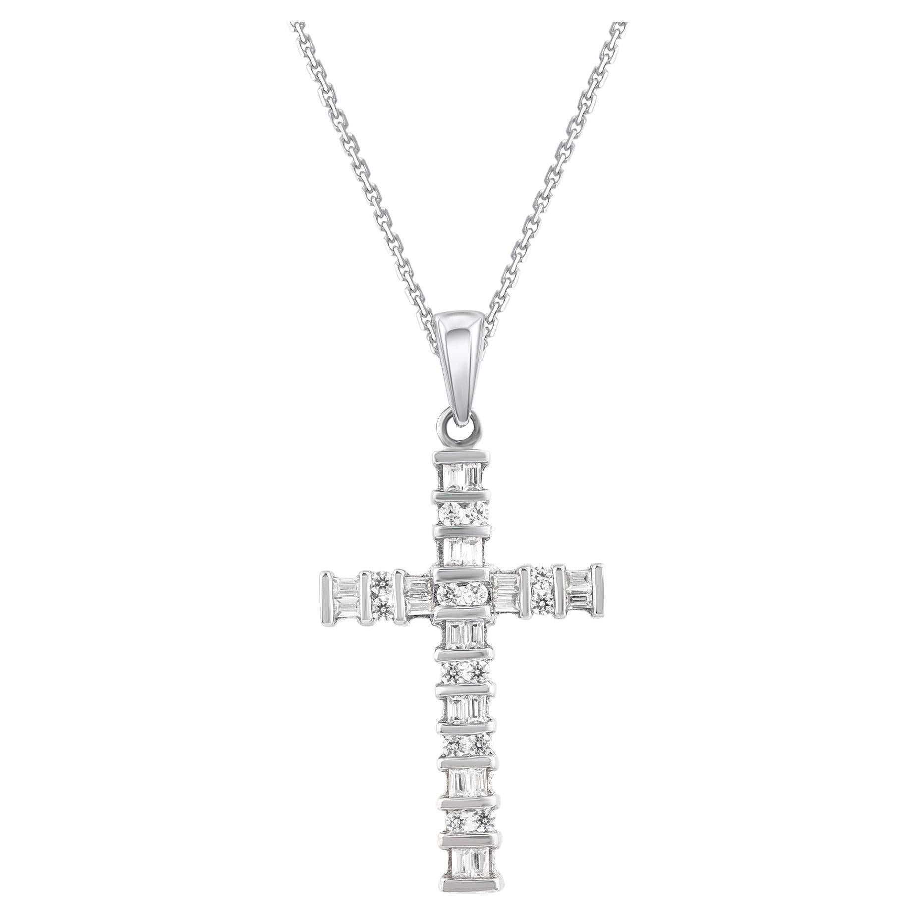 TJD 0.50 Carat Natural Diamond Cross Pendant Necklace in 14 Karat White Gold