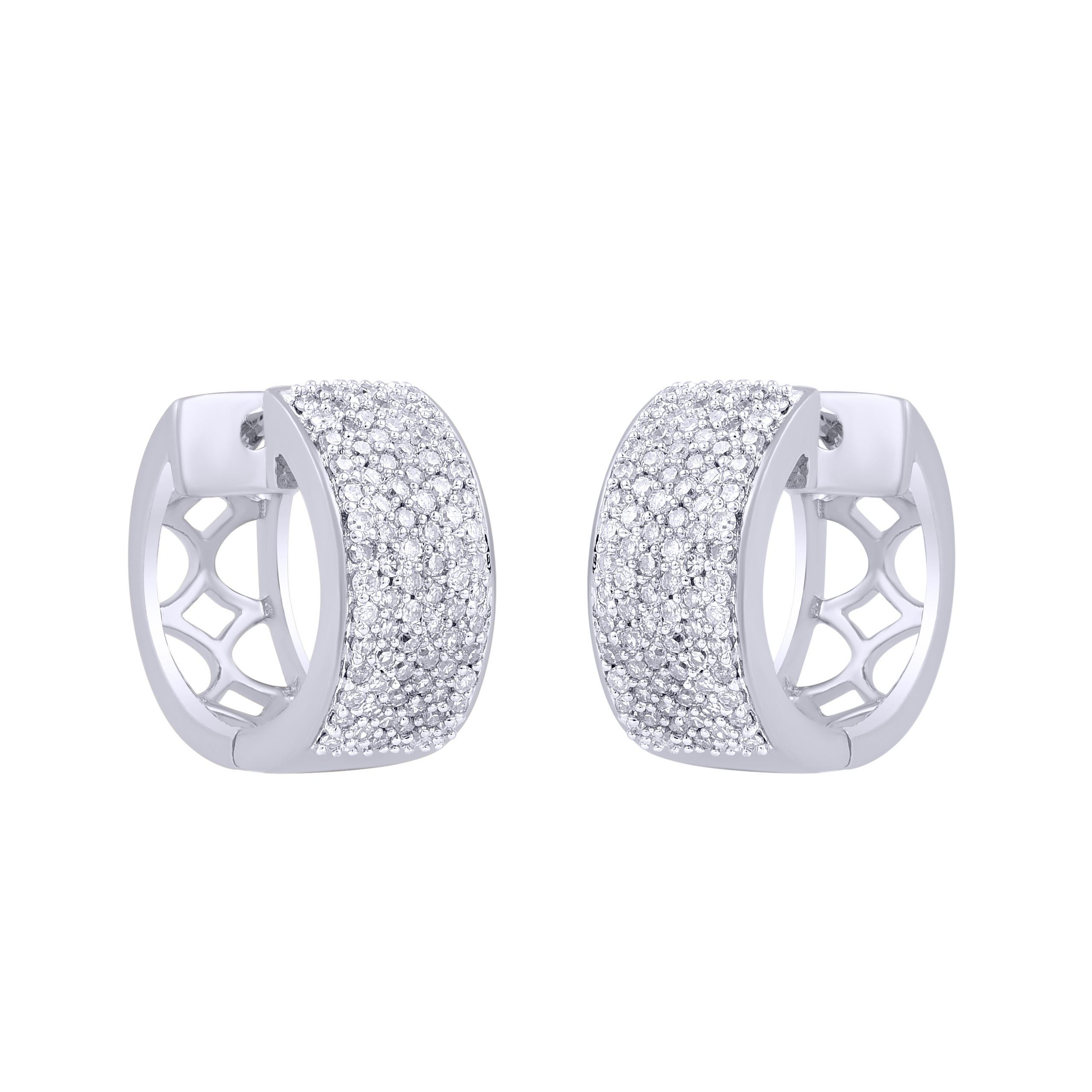 Adorn your formal wear with extra glitz when you put on these huggie hoop earrings!  Crafted in 14 karat white gold with 168 single cut diamond in pave setting. These earring secure with hinged backs. Total diamond weight is 0.50 carat. The white