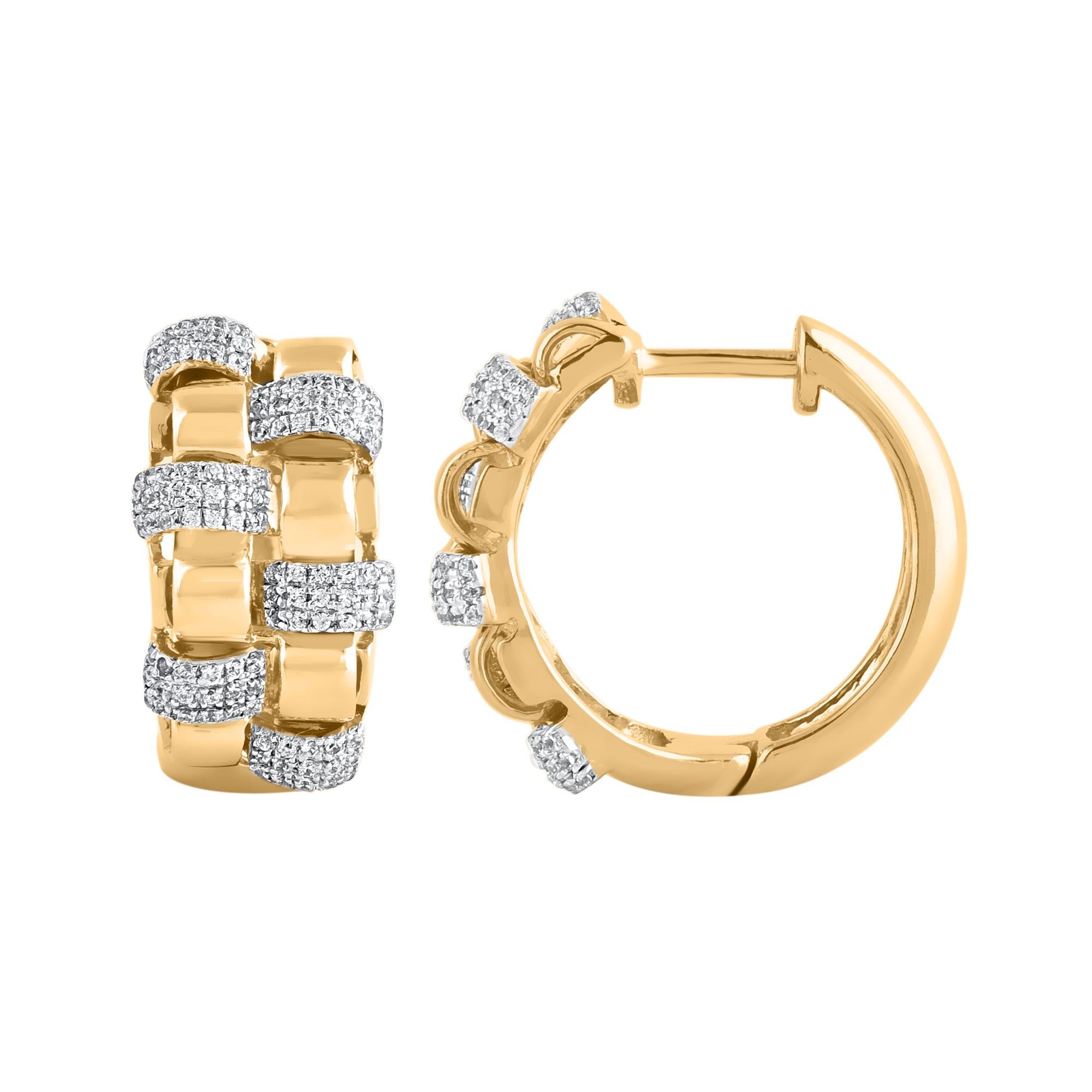 Perfect for daily wear, these diamond huggie hoop earrings are designed to delight. Crafted in 14 karat yellow gold with 216 single cut round diamond in prong setting. Total diamond weight is 0.50 carat. These earrings secure with hinged back. The