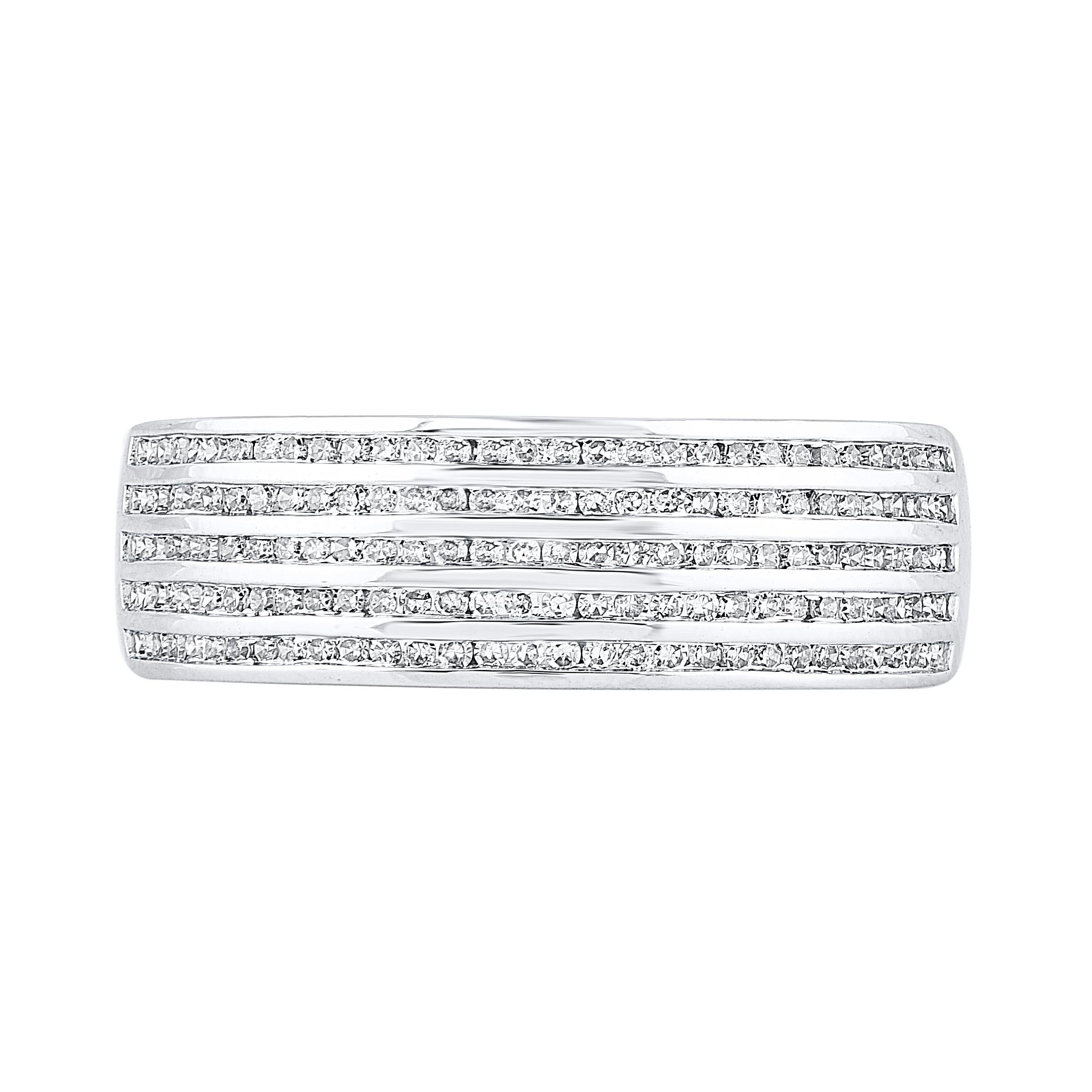Simple & classic, this diamond multi-row band is sure to be admired for the inherent classic beauty and elegance within its design. This ring is beautifully crafted in 14 Karat white gold and embedded with 155 single cut round white diamond set in