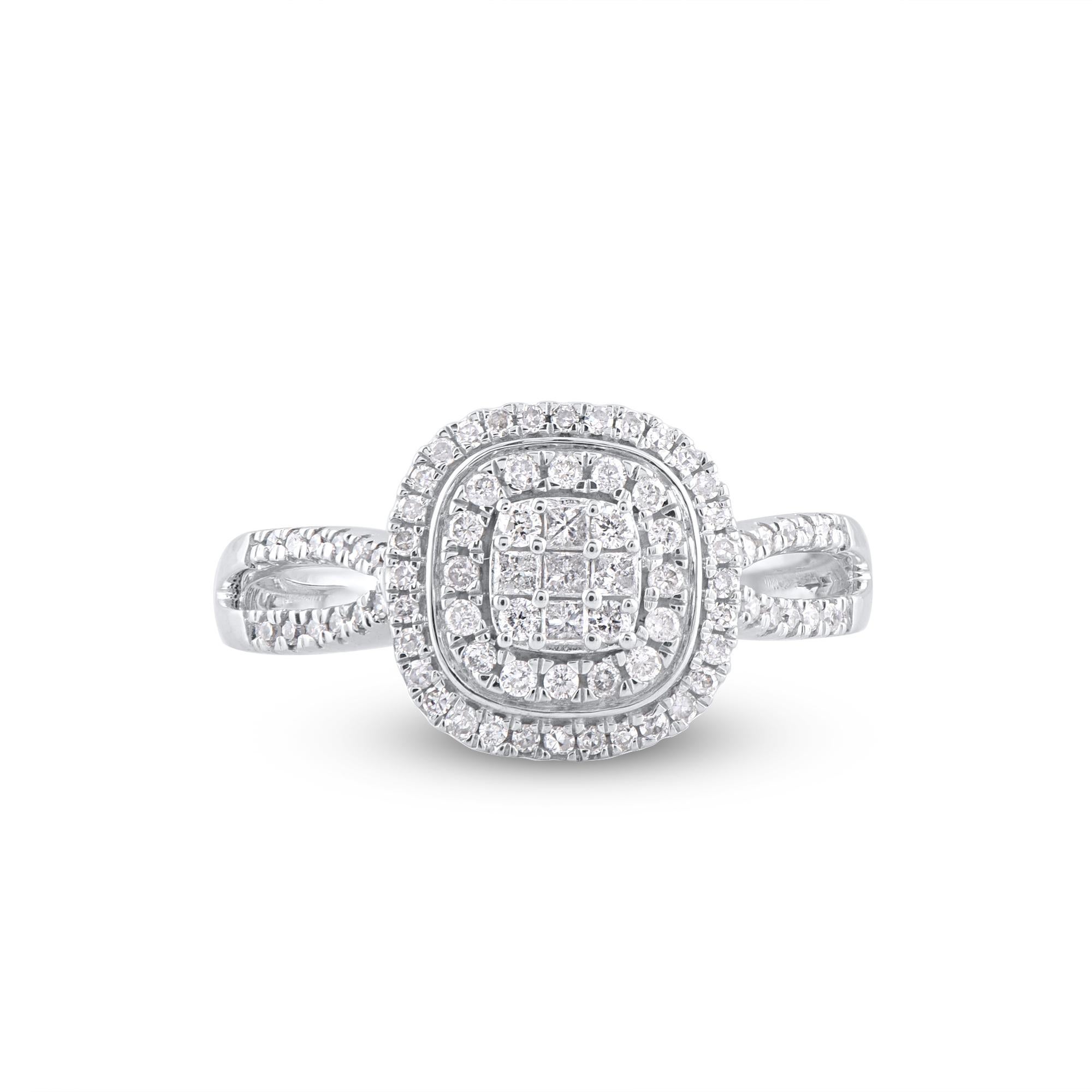 Express your love for her in the most classic way with this diamond ring. Crafted in 14 Karat white gold. This wedding ring features a sparkling 81 princess cut and single cut, brilliant cut round diamond beautifully set in prong setting. The total