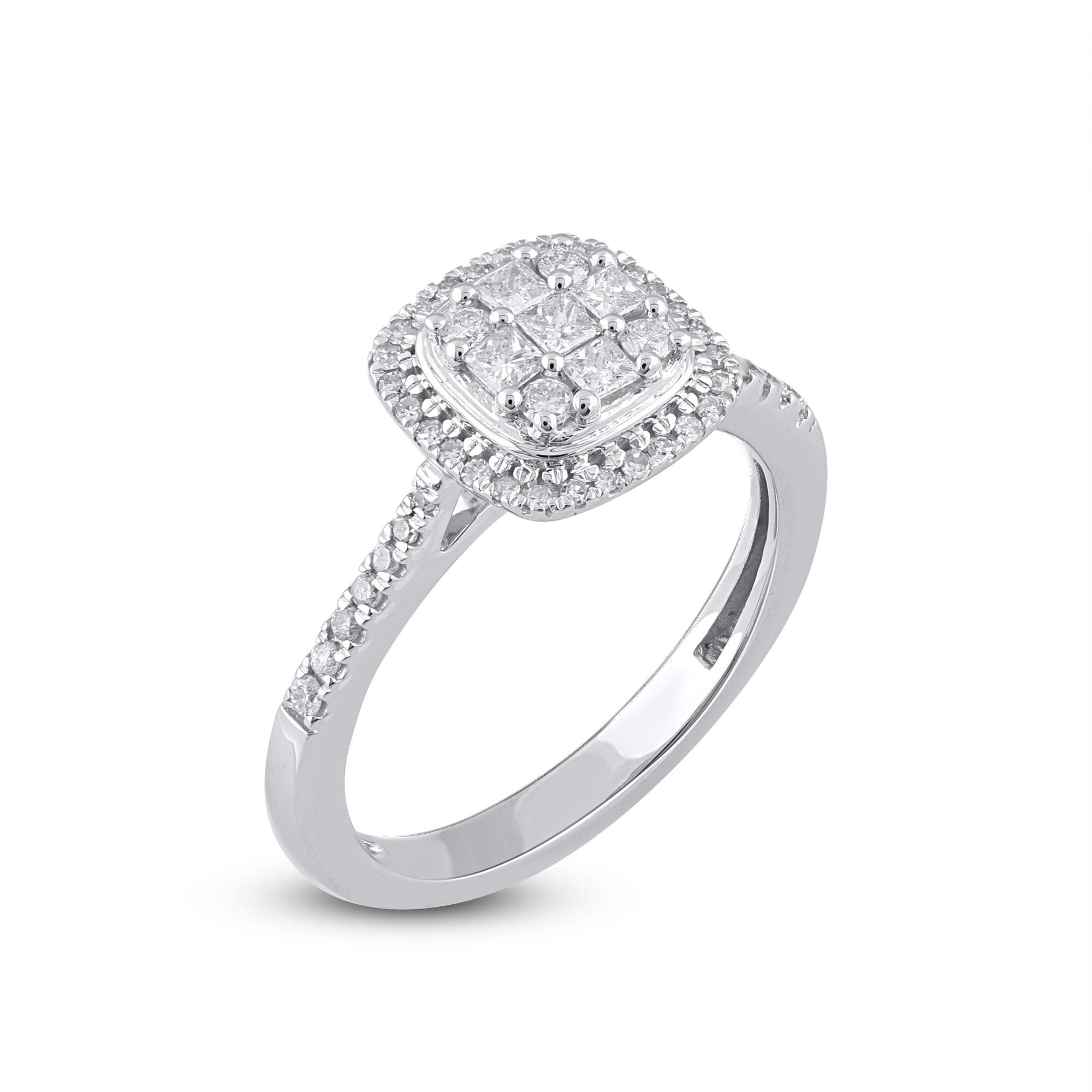 Contemporary TJD 0.50 Carat Natural Princess & Round Diamond 14KT White Gold Engagement Ring For Sale