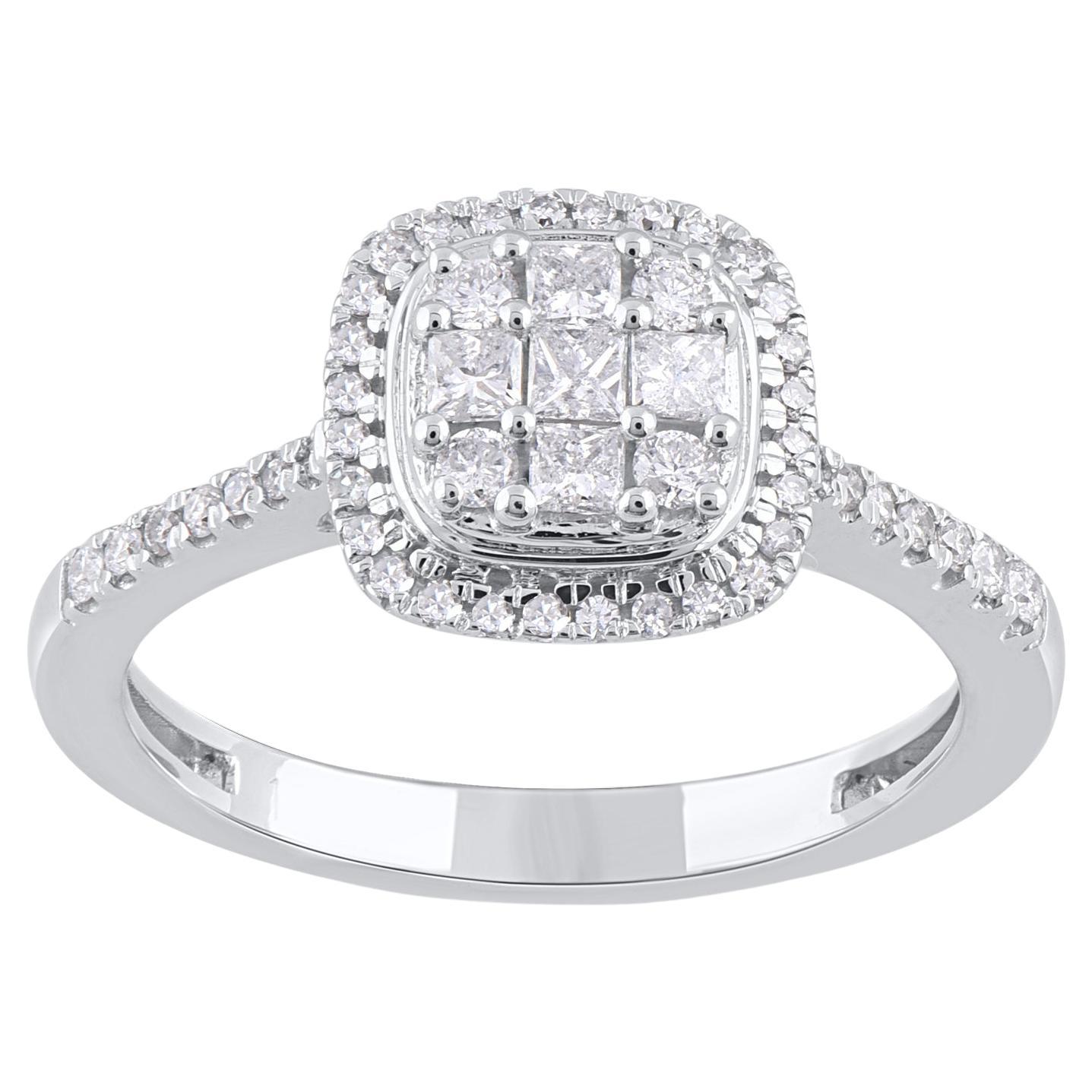 TJD 0.50 Carat Natural Princess & Round Diamond 14KT White Gold Engagement Ring