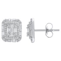 TJD 0.50 Carat Natural Round & Baguette Cut Diamond 14 Karat Gold Stud Earrings
