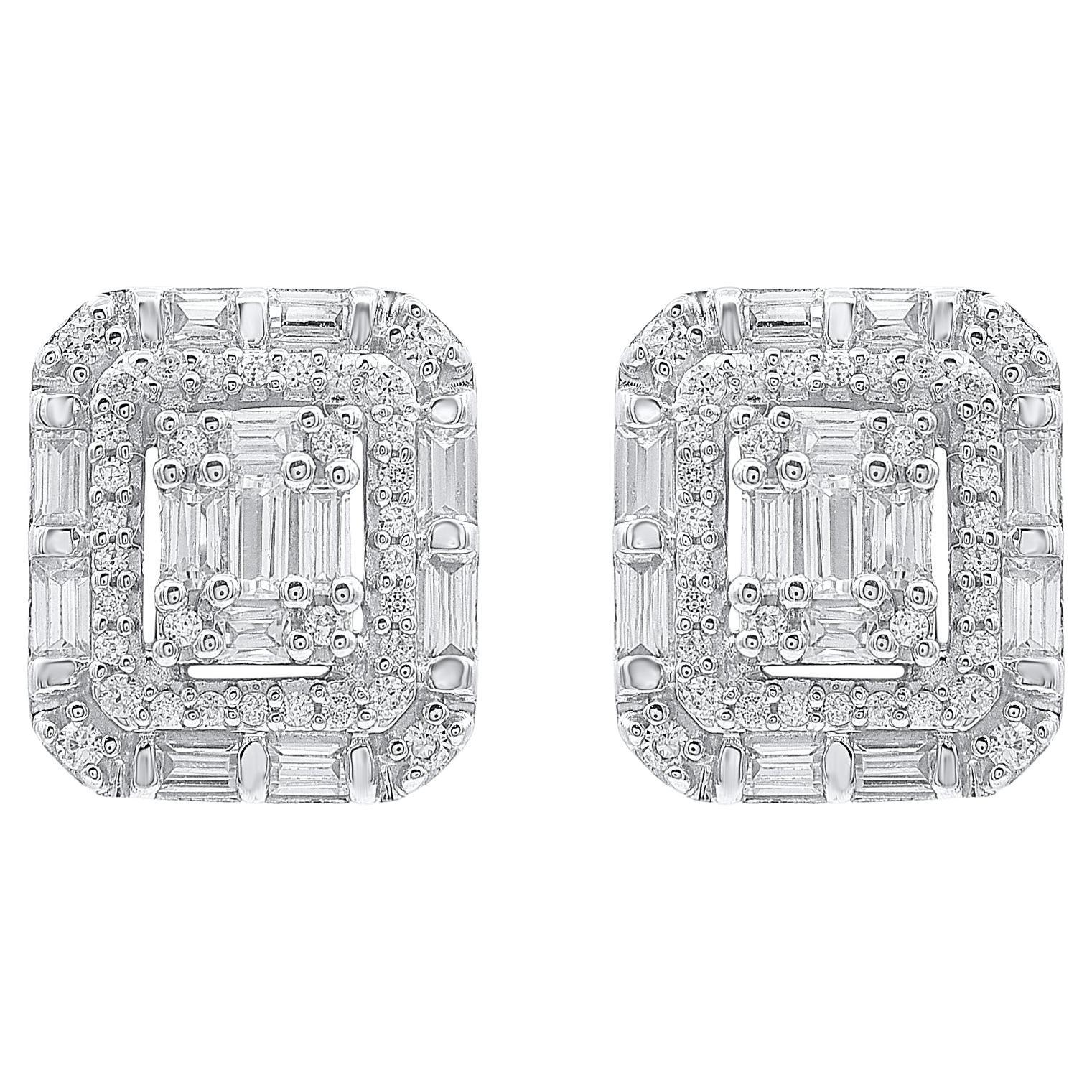 Boucles d'oreilles en or 14 carats TJD 0.50 Carat Natural Round & Baguette Cut Diamond