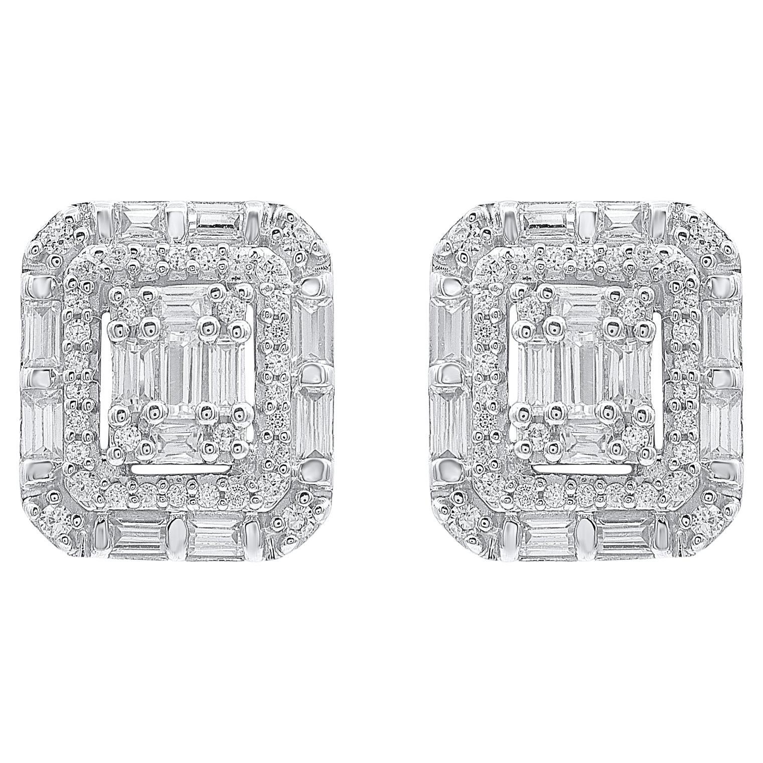 TJD 0.50 Carat Natural Round & Baguette Cut Diamond 14 Karat Gold Stud Earrings