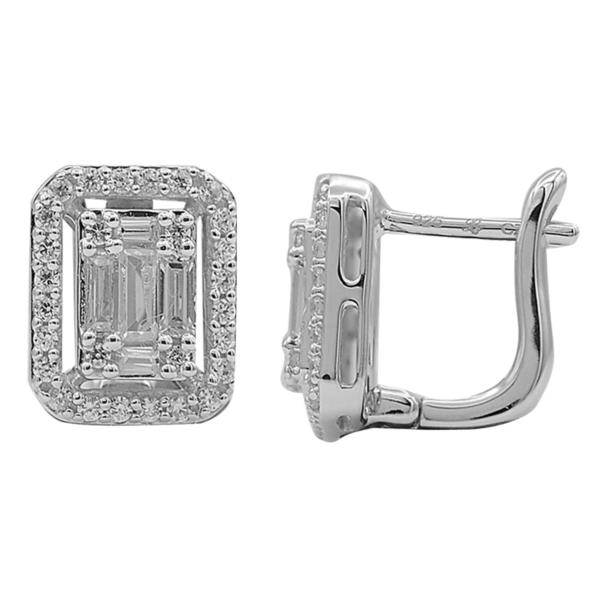 TJD 0.50 Carat Round and Baguette Diamond 14K White Gold Rectangle Stud Earrings For Sale